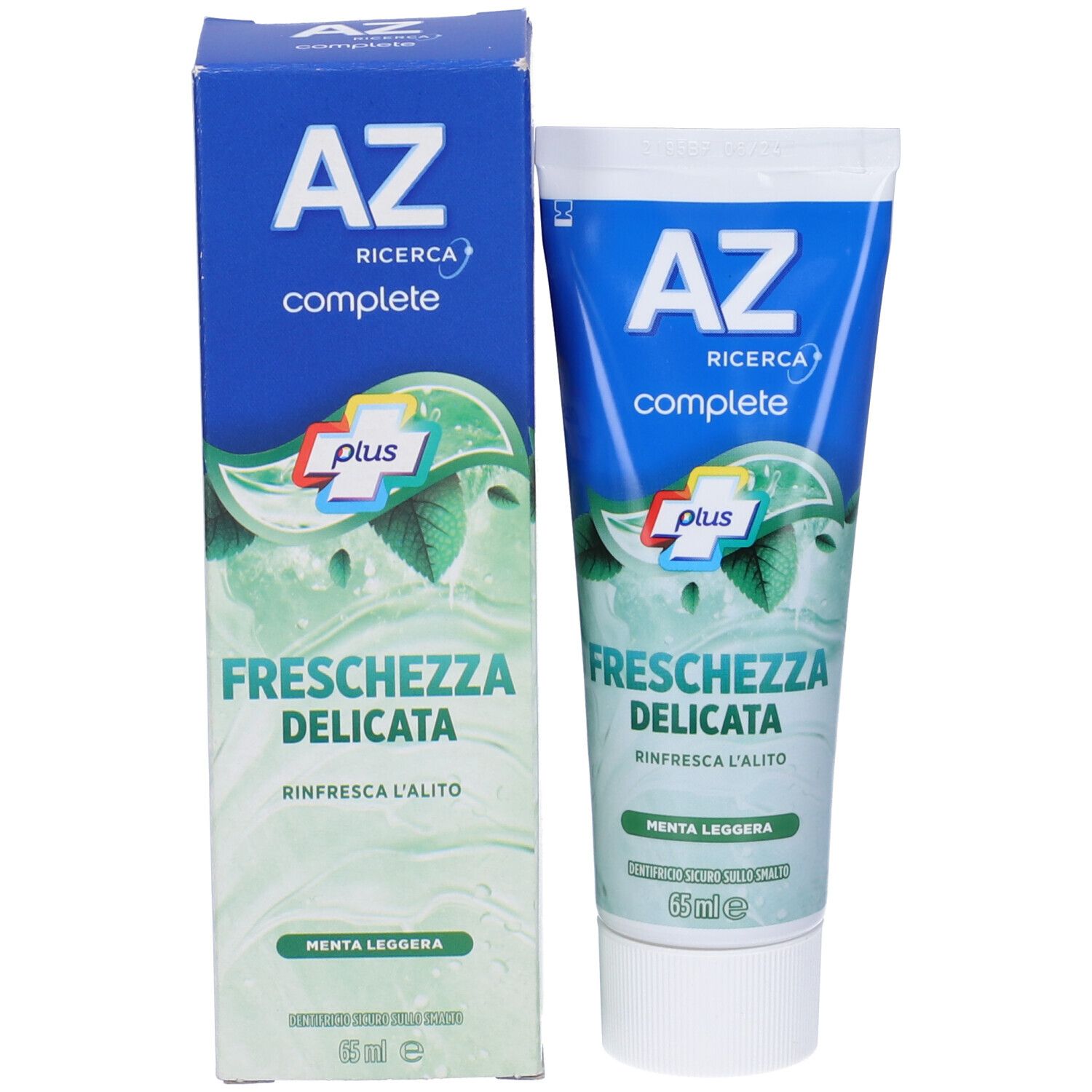 AZ Zahnpasta "Freschezza Delicata" in 65ml Tube und Kartonverpackung, mit Minzblatt-Design.