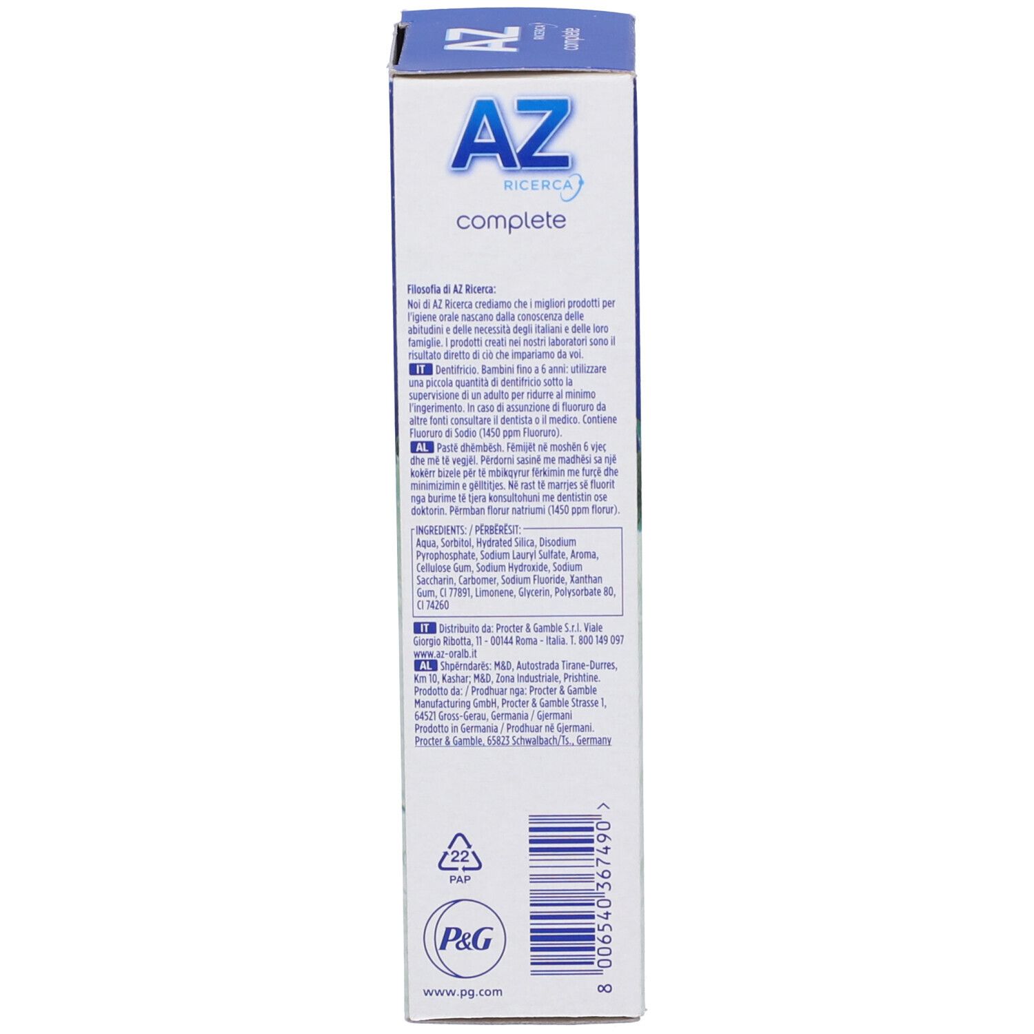AZ Complete Zahnpasta-Verpackung mit Produktinformationen und Inhaltsstoffen.