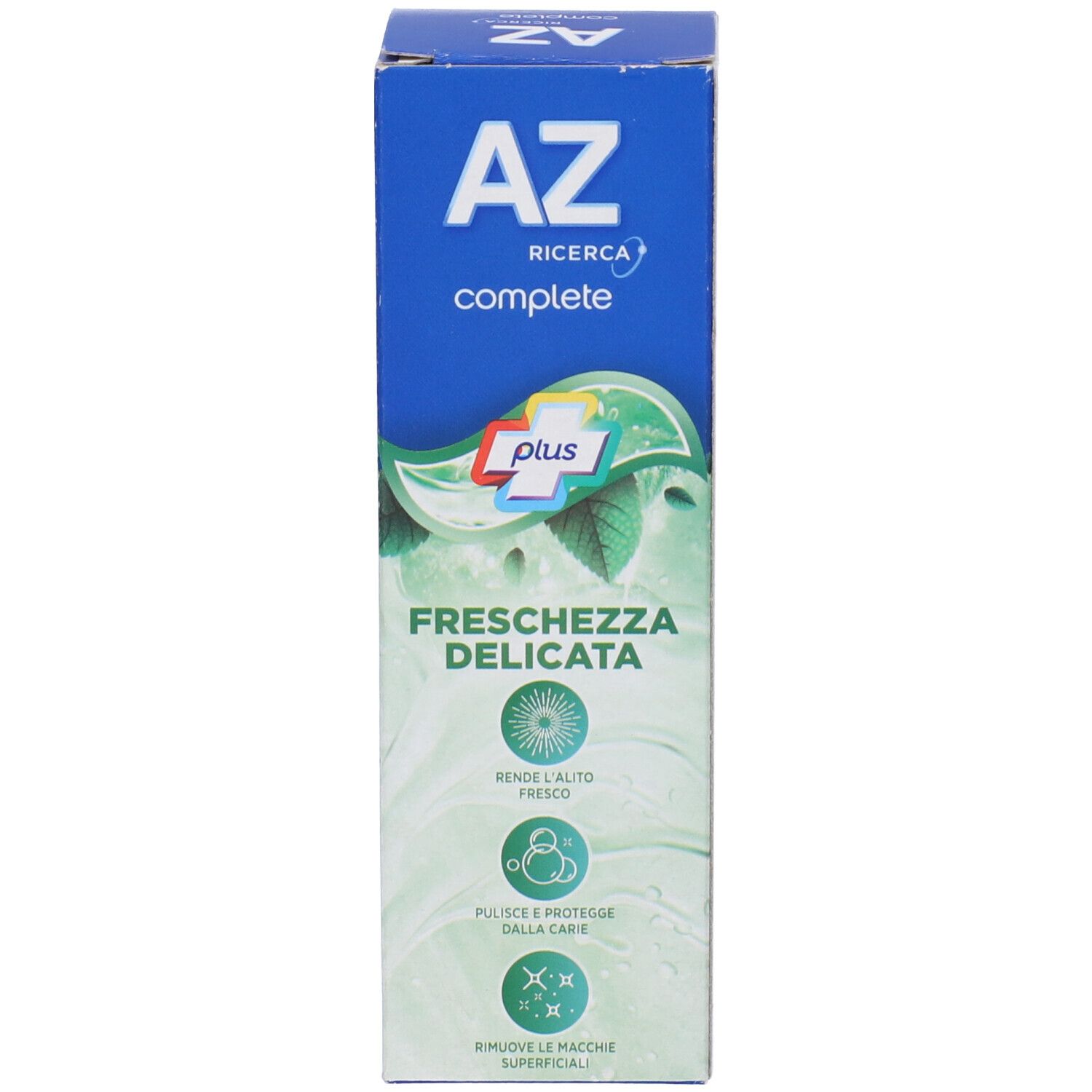 AZ Ricerca Complete Zahnpasta-Verpackung mit "Freschezza Delicata" Aufschrift.