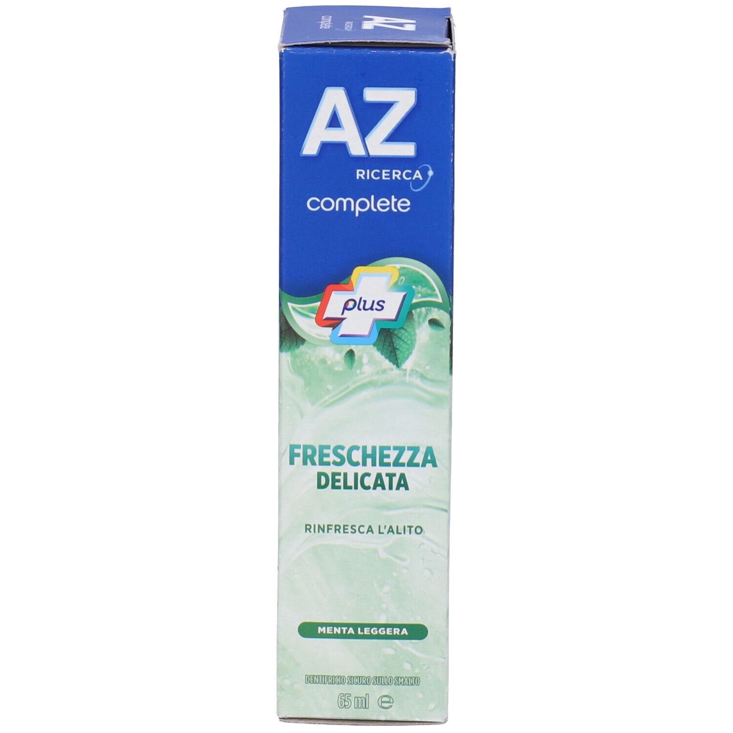 AZ Complete Freschezza Delicata Verpackung mit Minzmotiv und Text.