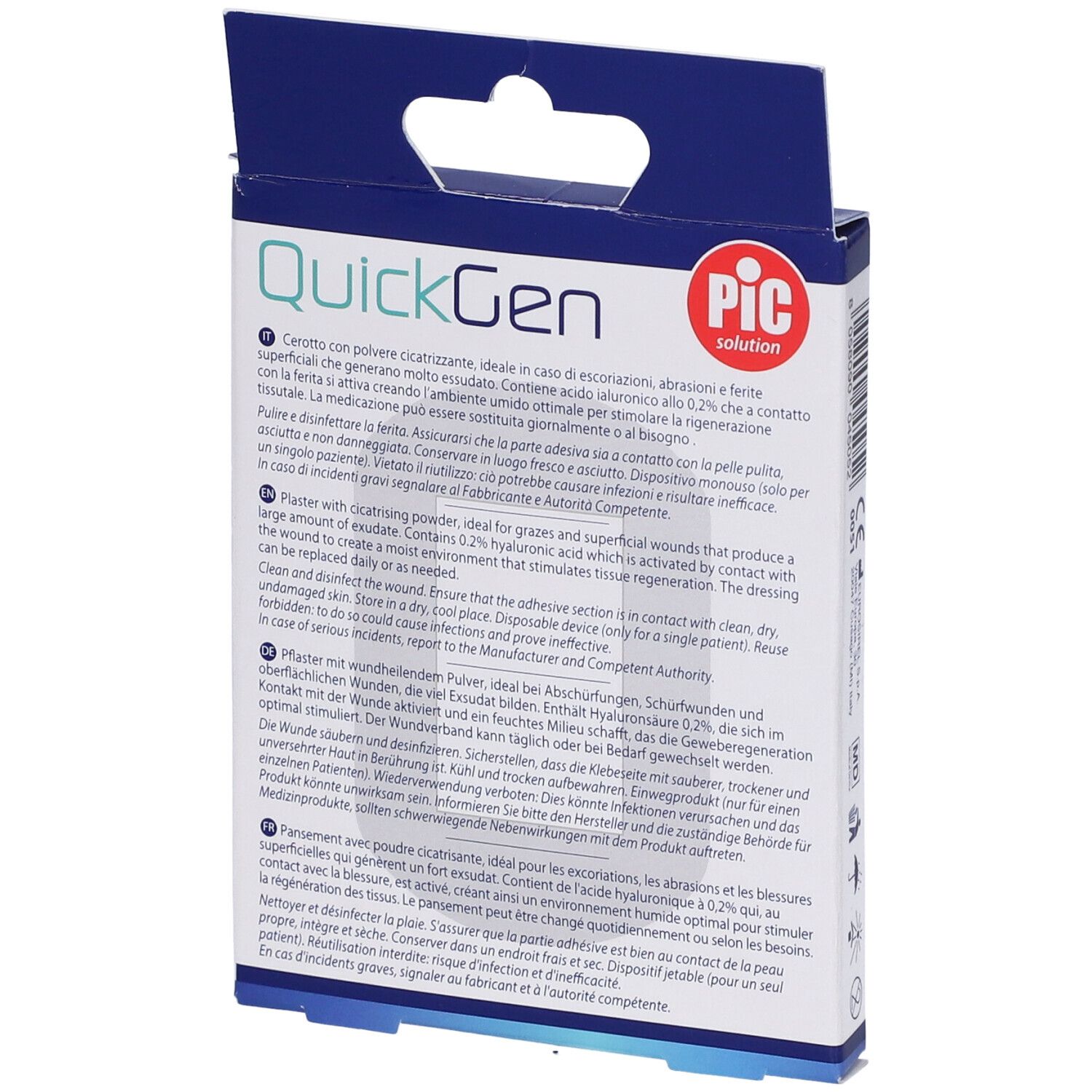 Retro della confezione con informazioni sul prodotto. Scritta: QuickGen, con polvere cicatrizzante.