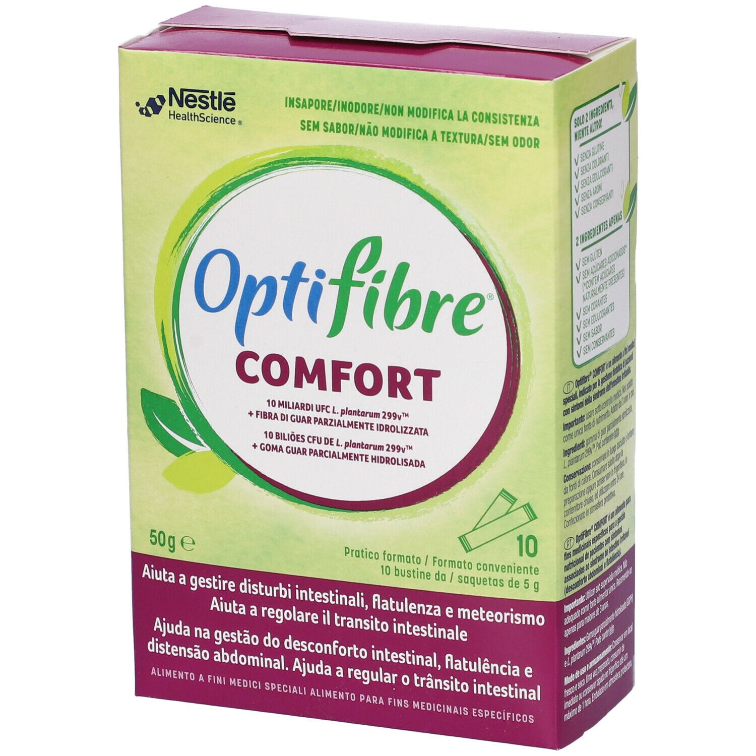 Confezione Optifibre Comfort. Scatola verde-gialla con nome del prodotto e informazioni. 10 bustine sono raffigurate.
