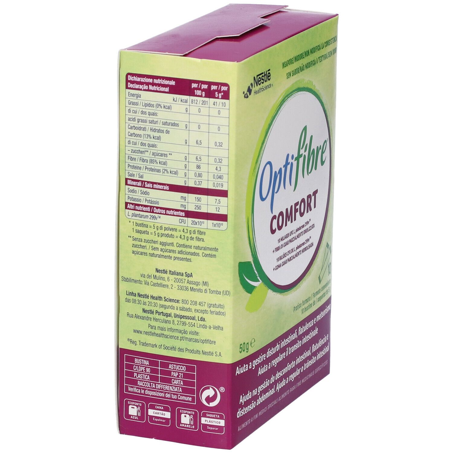 Confezione Optifibre Comfort. Vista laterale con informazioni nutrizionali. Tonalità viola e verde.
