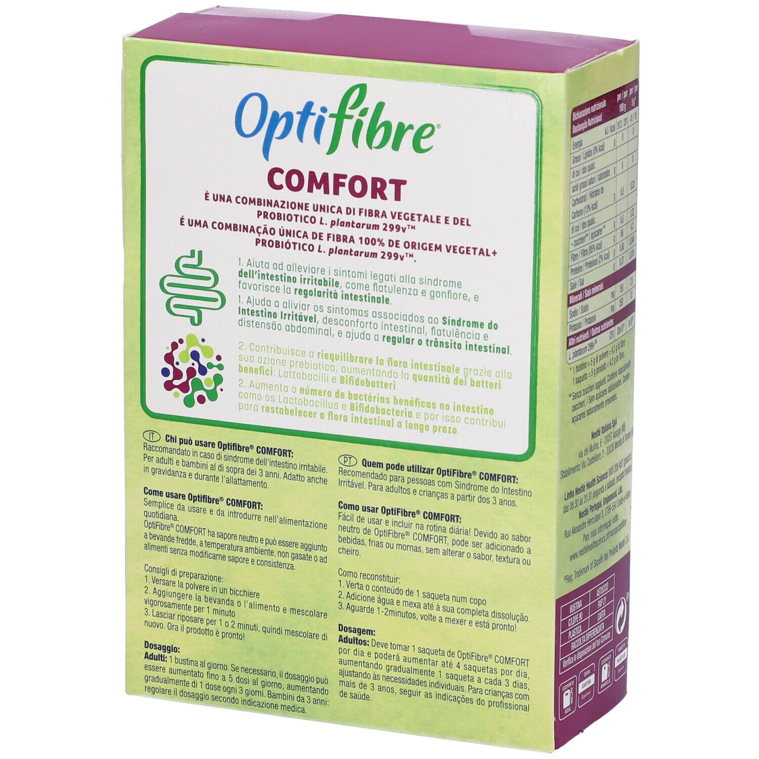 Confezione Optifibre Comfort. Fronte con informazioni e illustrazioni. Verde e viola.