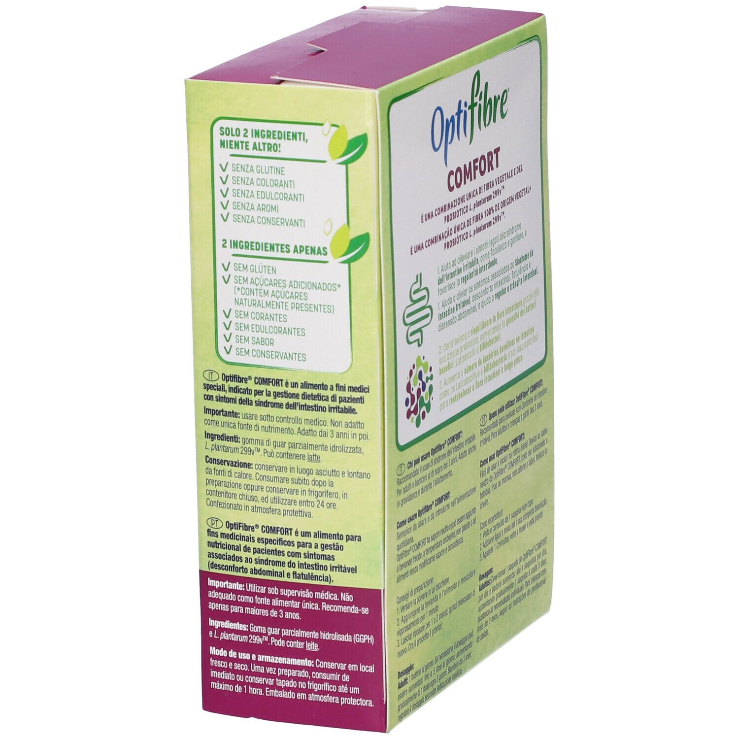 Confezione Optifibre Comfort. Vista laterale con informazioni. Verde e viola.