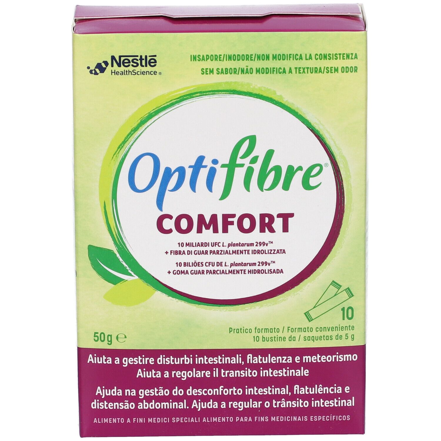 Confezione Optifibre Comfort. Scatola verde-gialla con nome del prodotto e informazioni. 10 bustine sono raffigurate.