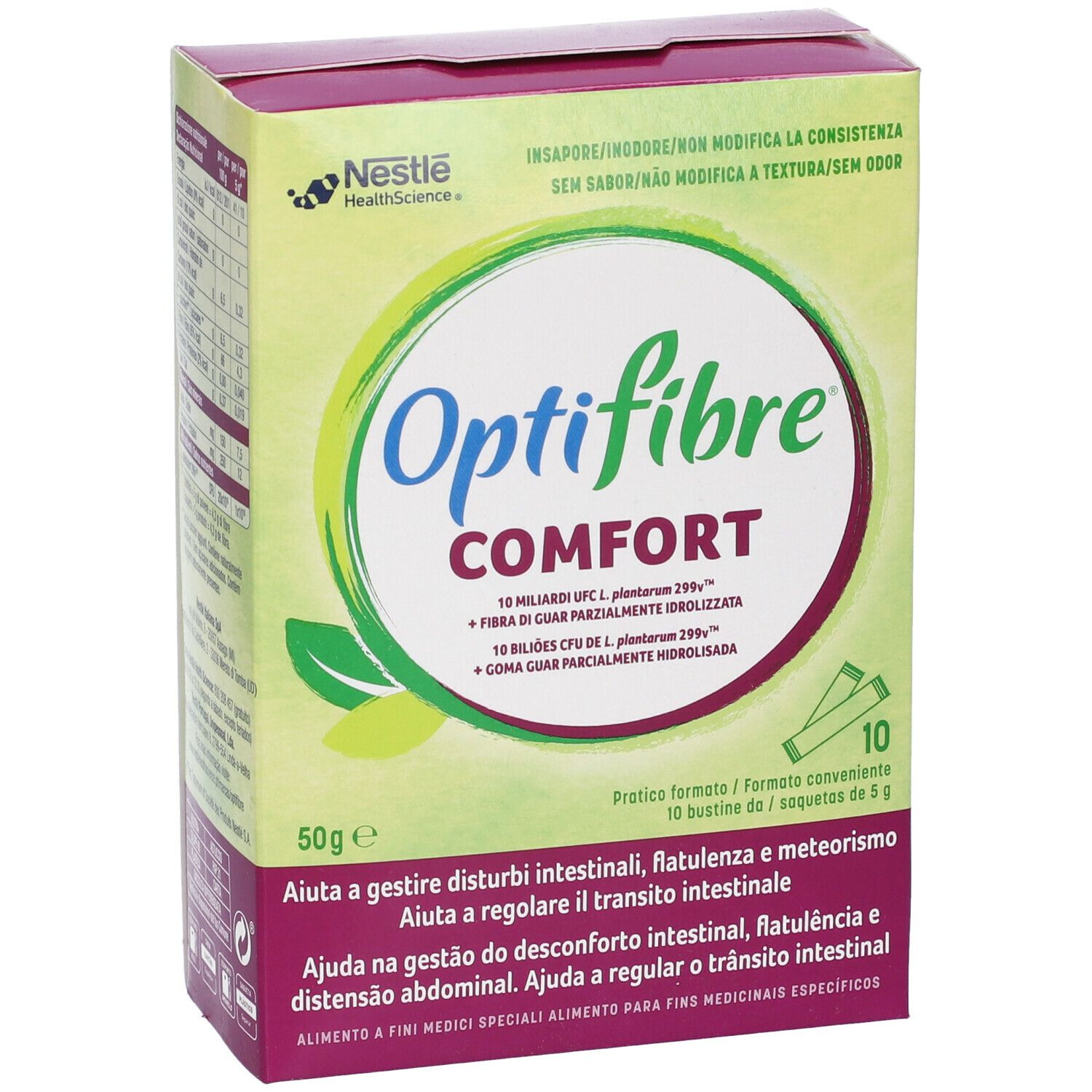 Confezione Optifibre Comfort. Scatola verde-gialla con nome del prodotto e informazioni. 10 bustine sono raffigurate.
