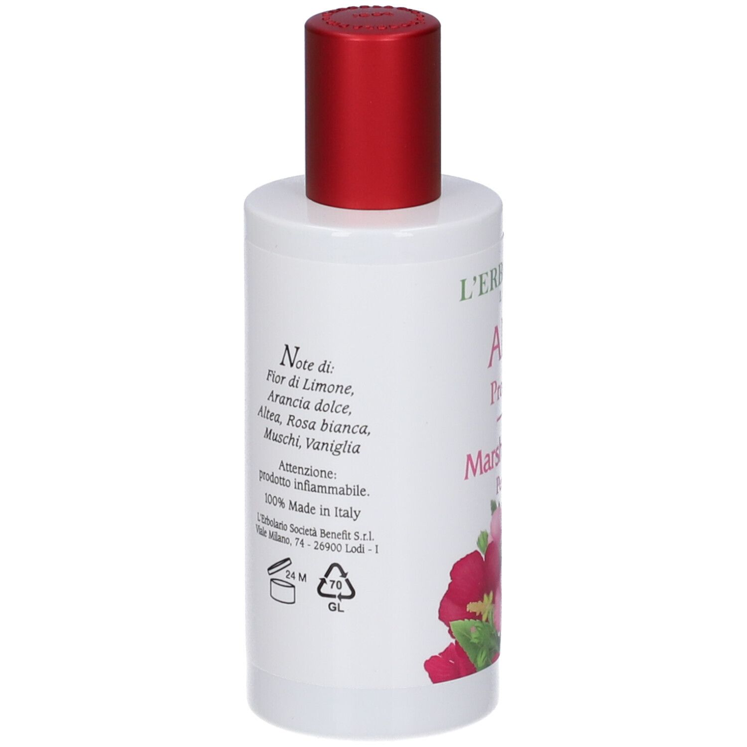Weiße Flasche mit rotem Schraubverschluss. Enthält Duftnoten von Zitrone, süßer Orange, Rose und Vanille. Hergestellt in Italien.