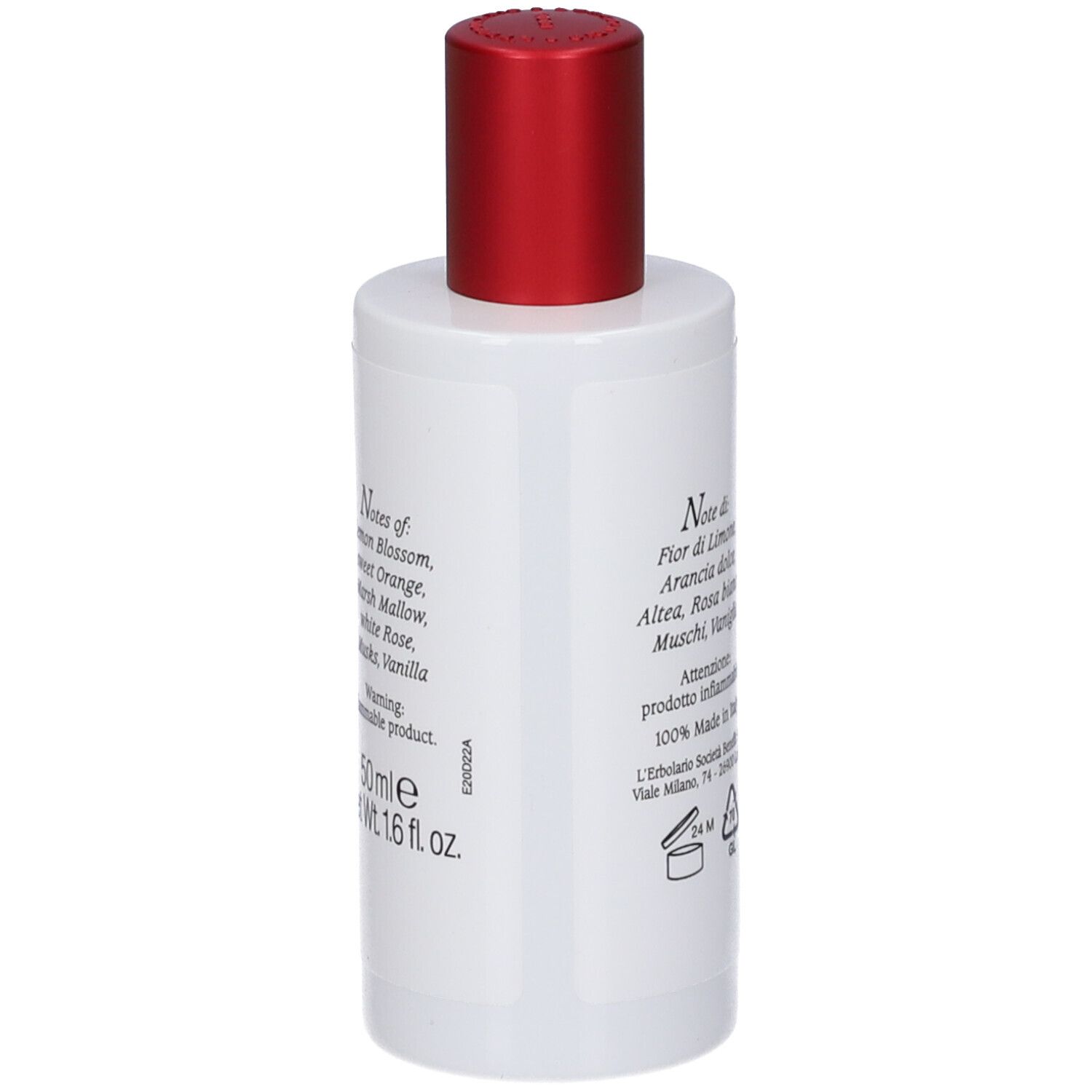 Weiße Flasche mit rotem Verschluss, 50 ml. Enthält Noten von Orangenblüte, weißer Rose und Vanille.