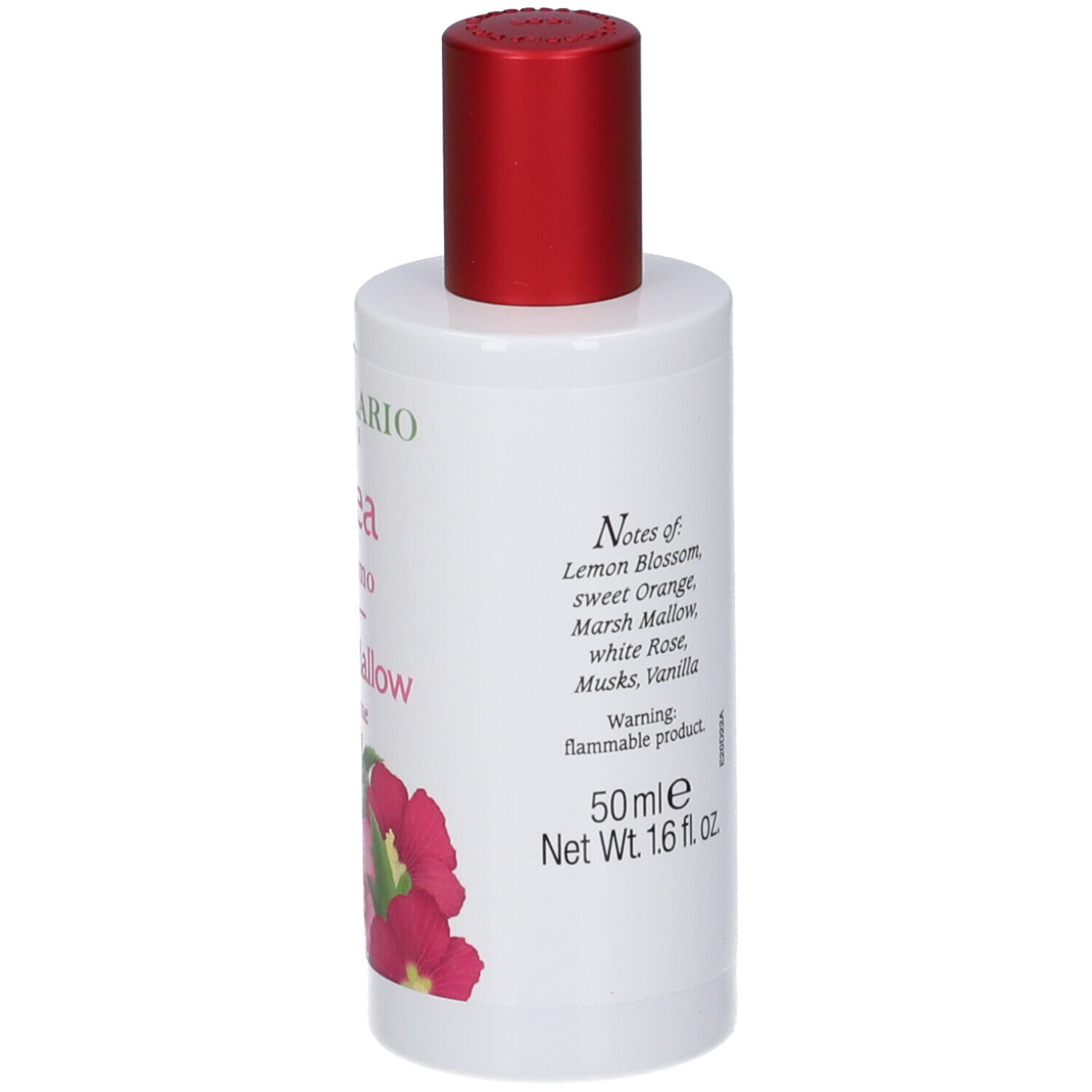 Weiße Flasche mit rotem Verschluss, 50ml. Enthält Noten von Zitronenblüte, Orange, Marshmallow, Rose, Moschus und Vanille.