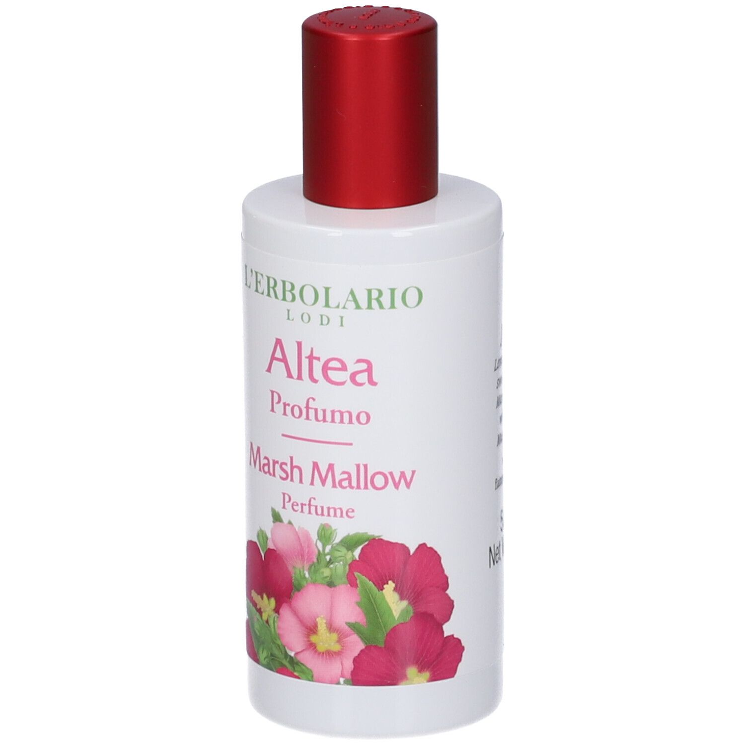 Weiße Parfümflasche mit rotem Verschluss. Beschriftung: L'Erbolario Lodi Altea Profumo Marsh Mallow Perfume.