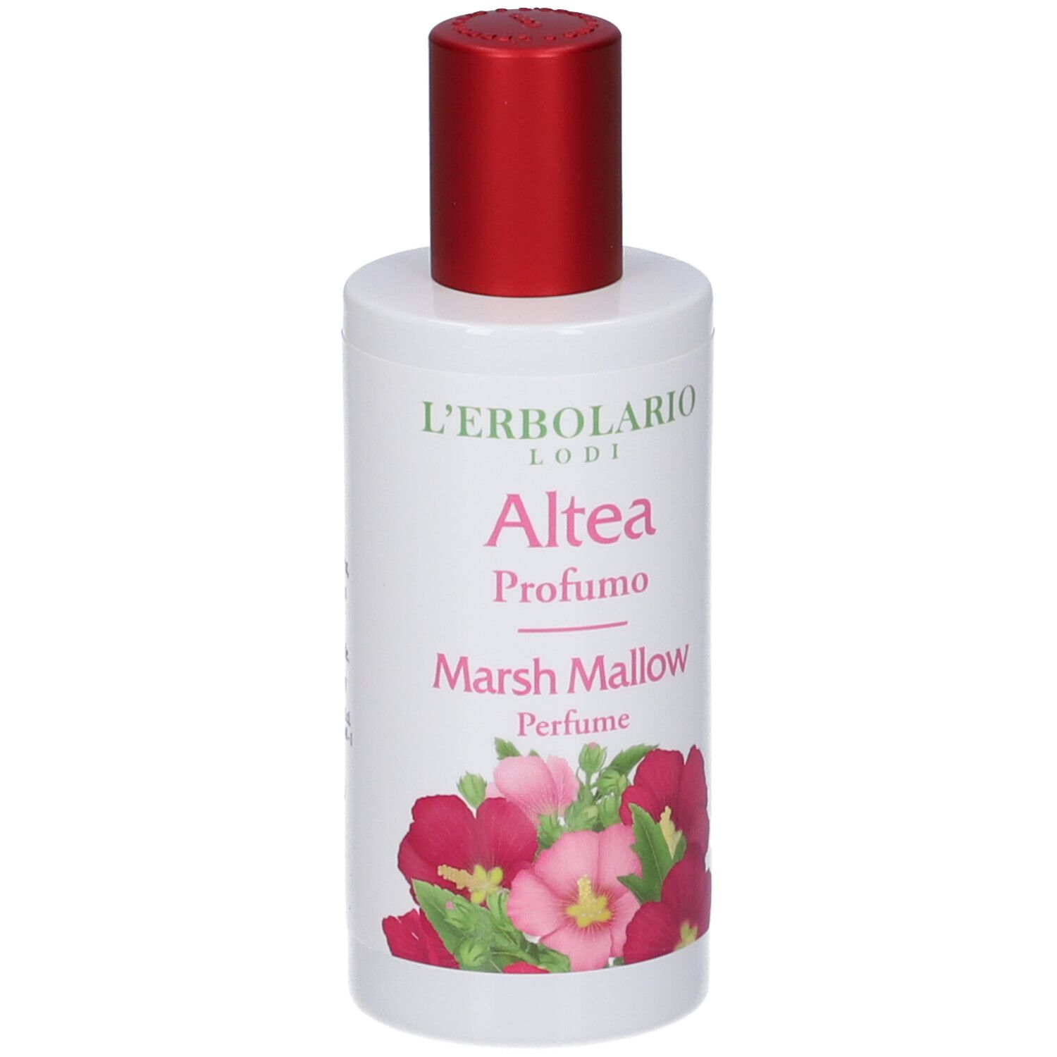 Weiße Flasche mit rotem Deckel, "L'Erbolario Altea Profumo Marsh Mallow Perfume" Aufschrift und Blumenmotiv.