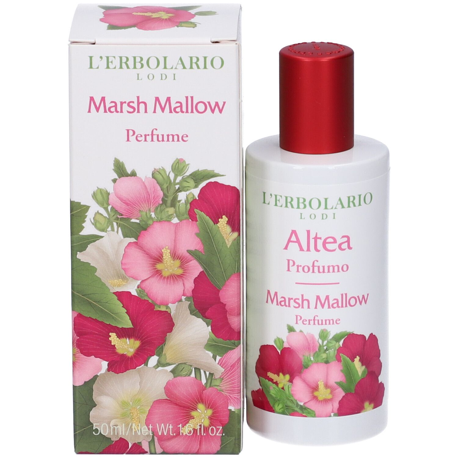 L'Erbolario Marsh Mallow Parfümflasche und Karton mit Blumenmuster.