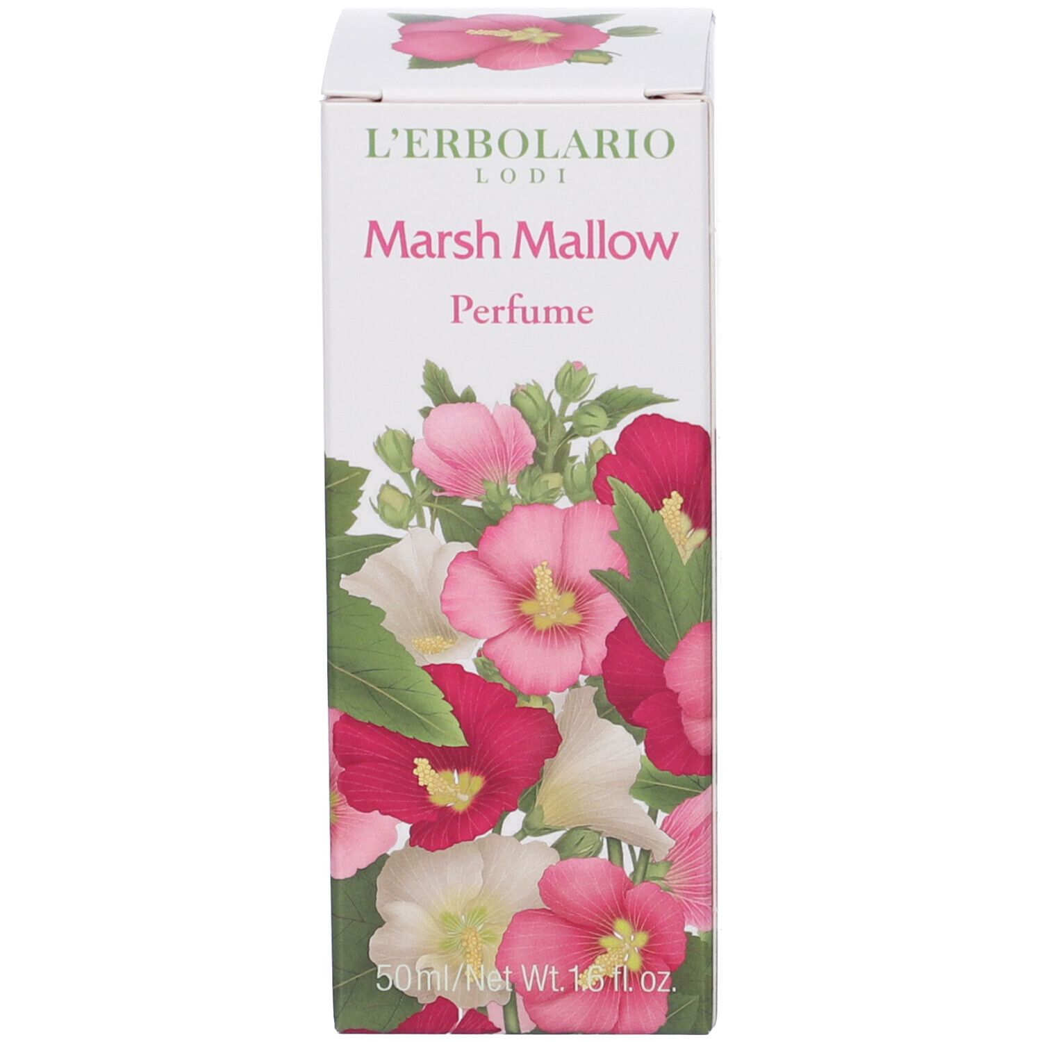 L'Erbolario Marsh Mallow Parfüm-Verpackung mit Blumenmotiv. Enthält 50 ml.