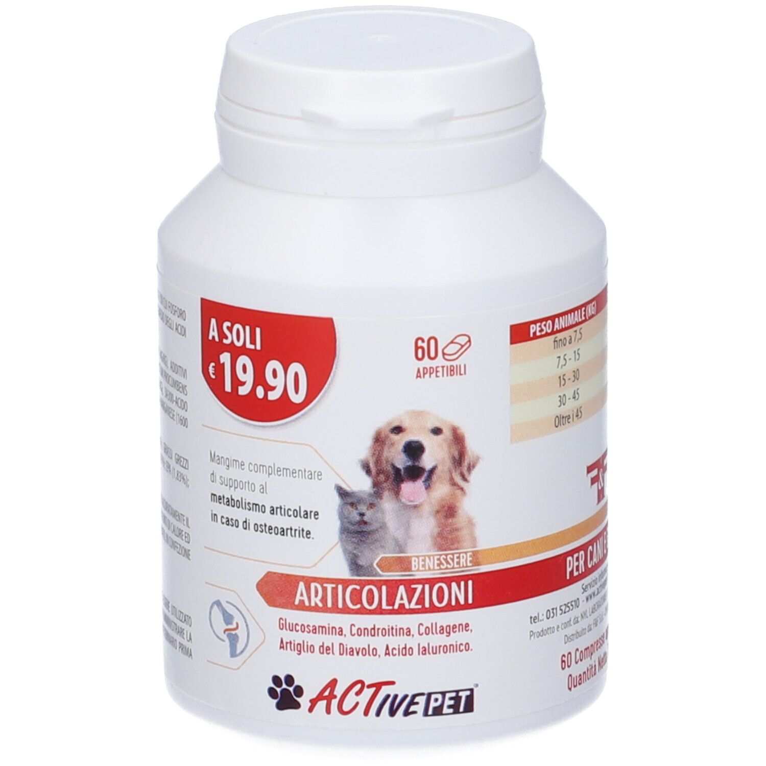 Flacone bianco di compresse per cani e gatti. Etichetta rossa con prezzo e nome del prodotto. 60 compresse.