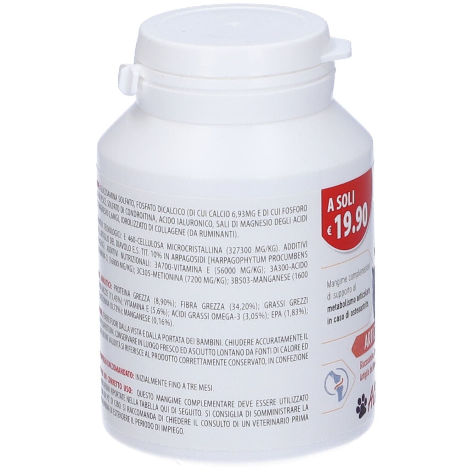 Retro del flacone bianco con informazioni sul prodotto. Testo in italiano. Ingredienti e informazioni nutrizionali.