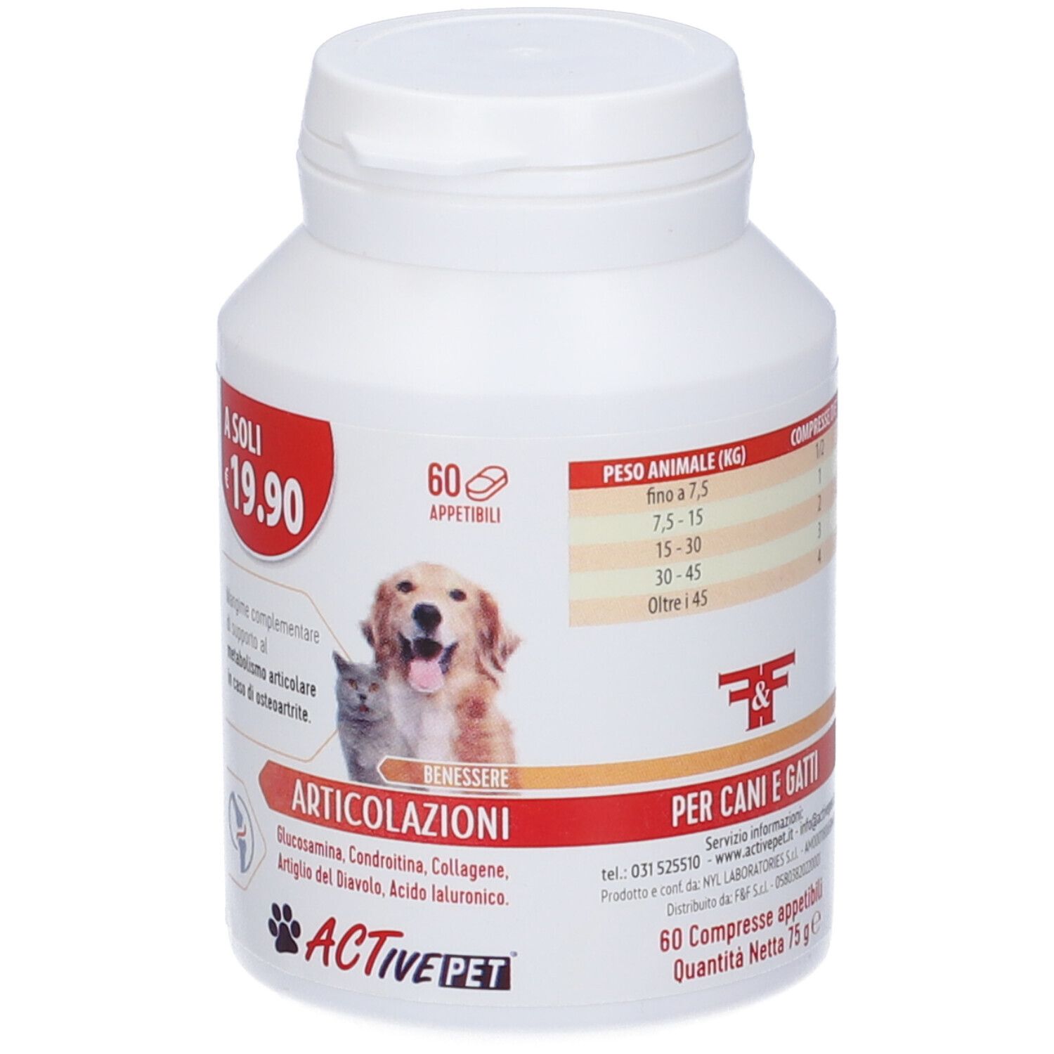 Flacone bianco di compresse per cani e gatti. Etichetta rossa con prezzo e nome del prodotto. 60 compresse.