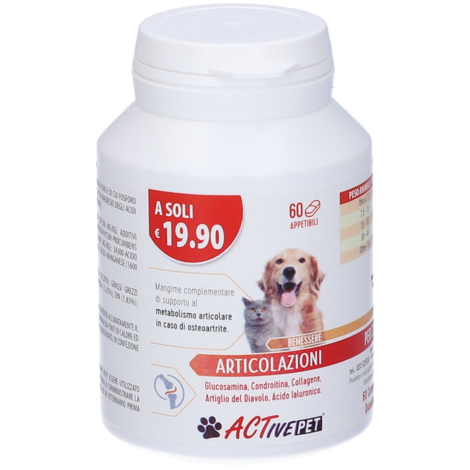 Flacone bianco di compresse per cani e gatti. Etichetta rossa con prezzo e nome del prodotto. 60 compresse.
