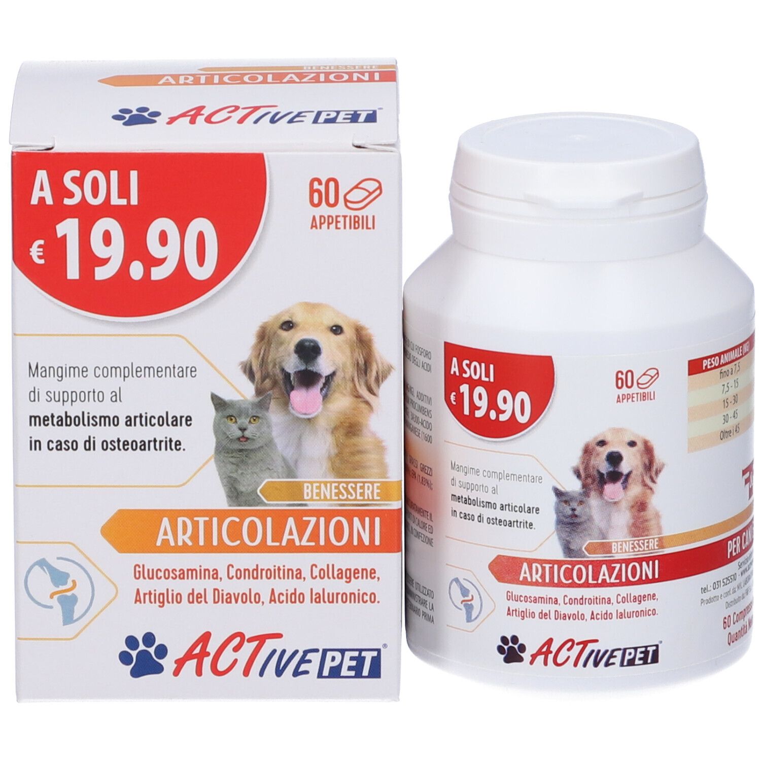 Flacone bianco e scatola di compresse per cani e gatti. Etichetta rossa con prezzo e nome. 60 compresse.
