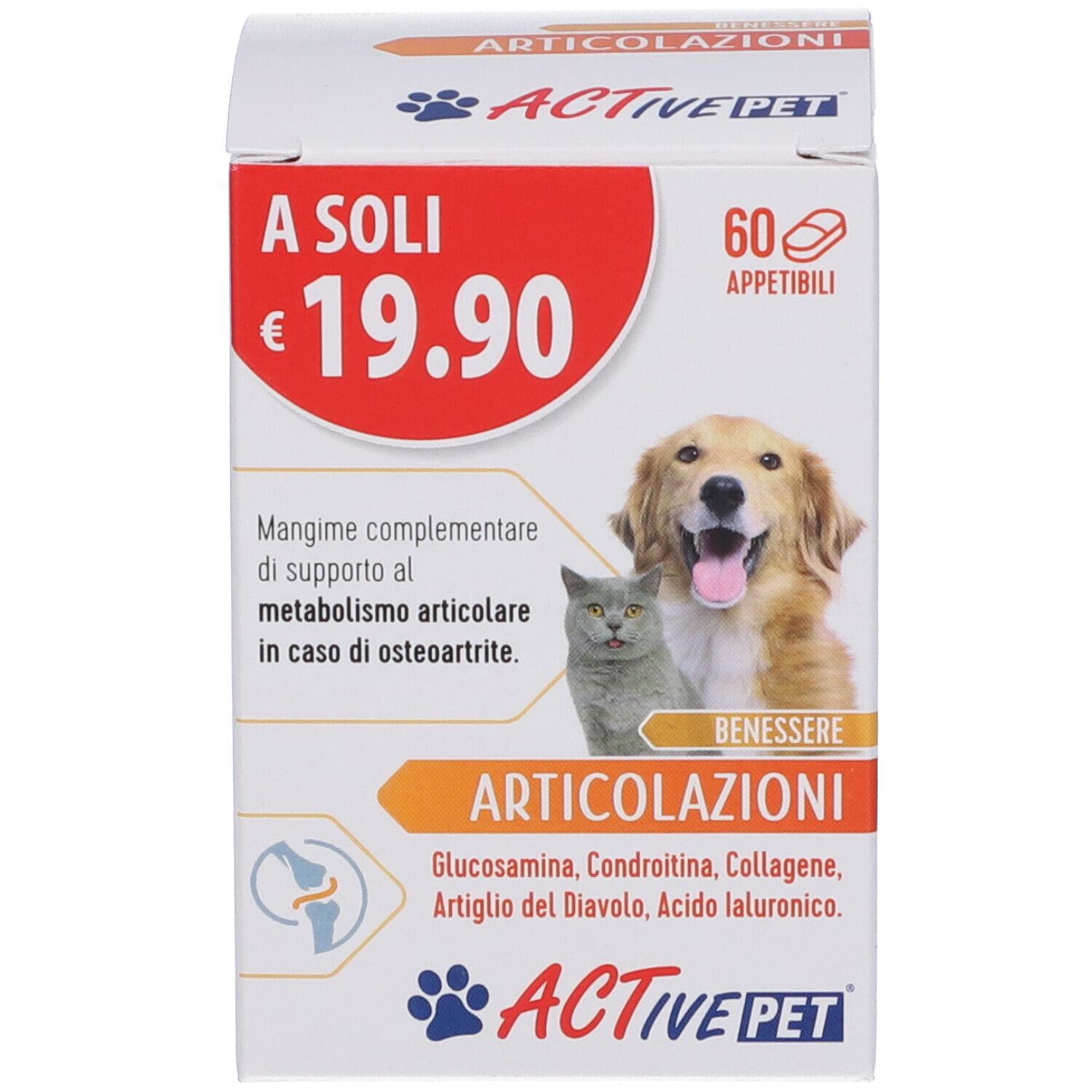 Scatola di compresse per cani e gatti. Etichetta rossa con prezzo e nome del prodotto. 60 compresse.