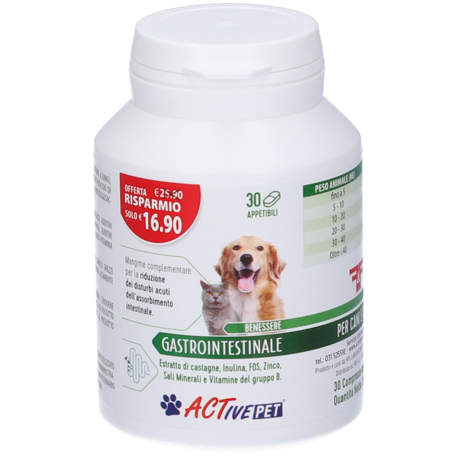 Flacone bianco di compresse. Scritta: Gastrointestinale, Active Pet, cane e gatto. 30 compresse.
