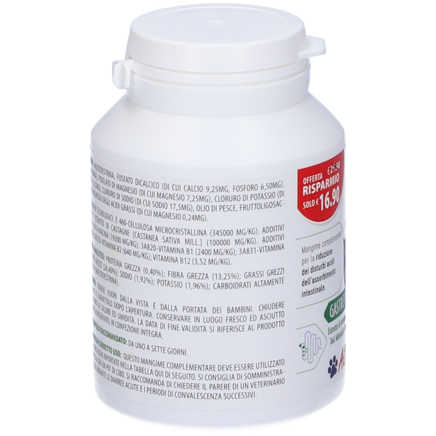 Retro di un flacone bianco di compresse. Testo con ingredienti e istruzioni. Coperchio in alto.