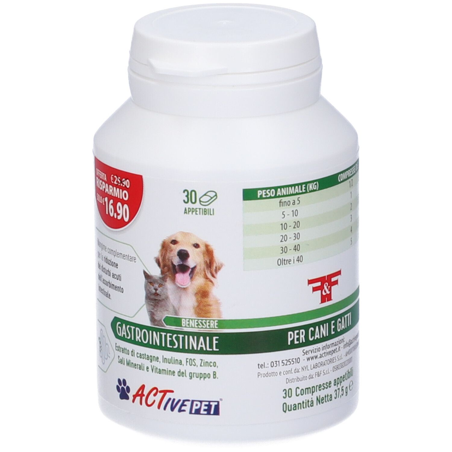 Flacone bianco di compresse. Scritta: Gastrointestinale, Active Pet, cane e gatto. 30 compresse.