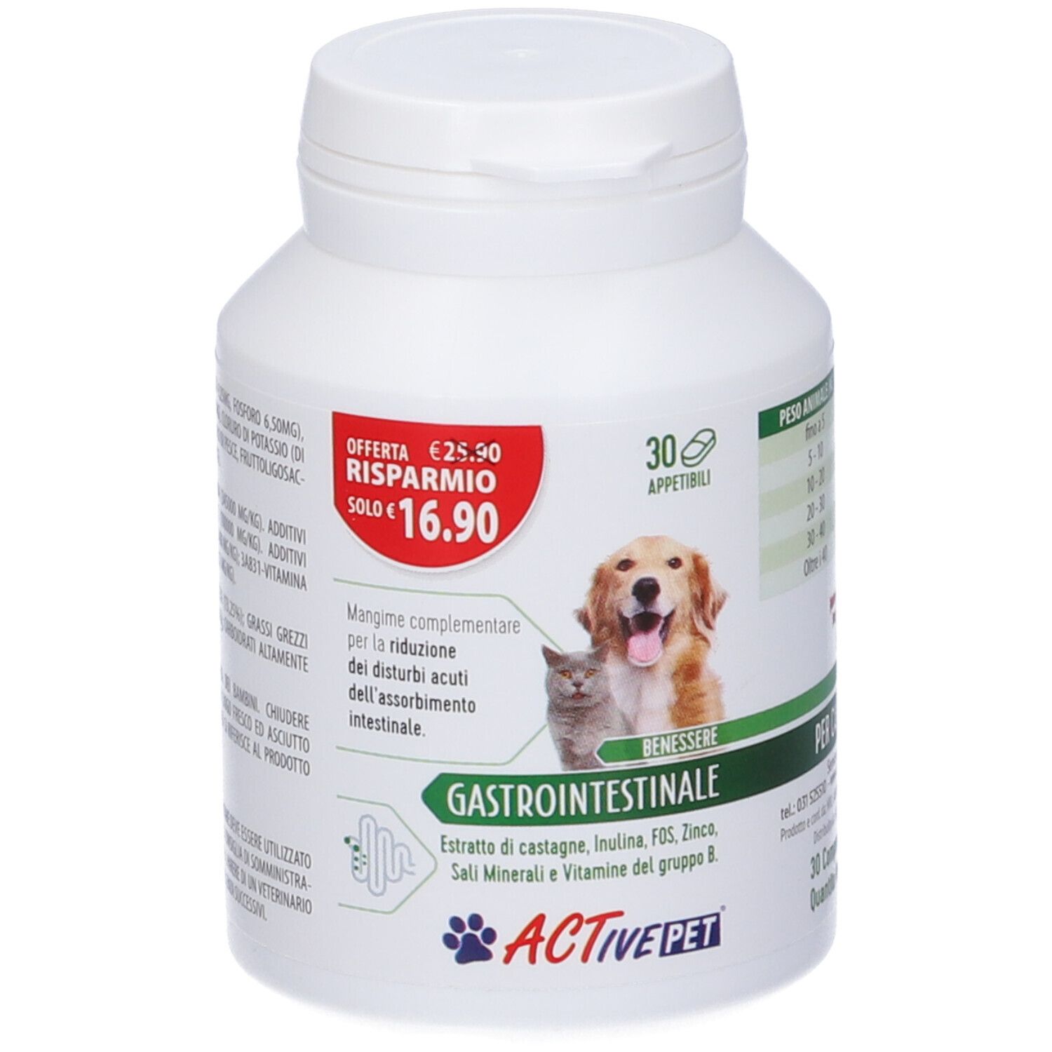 Flacone bianco di compresse. Scritta: Gastrointestinale, Active Pet, cane e gatto. 30 compresse.