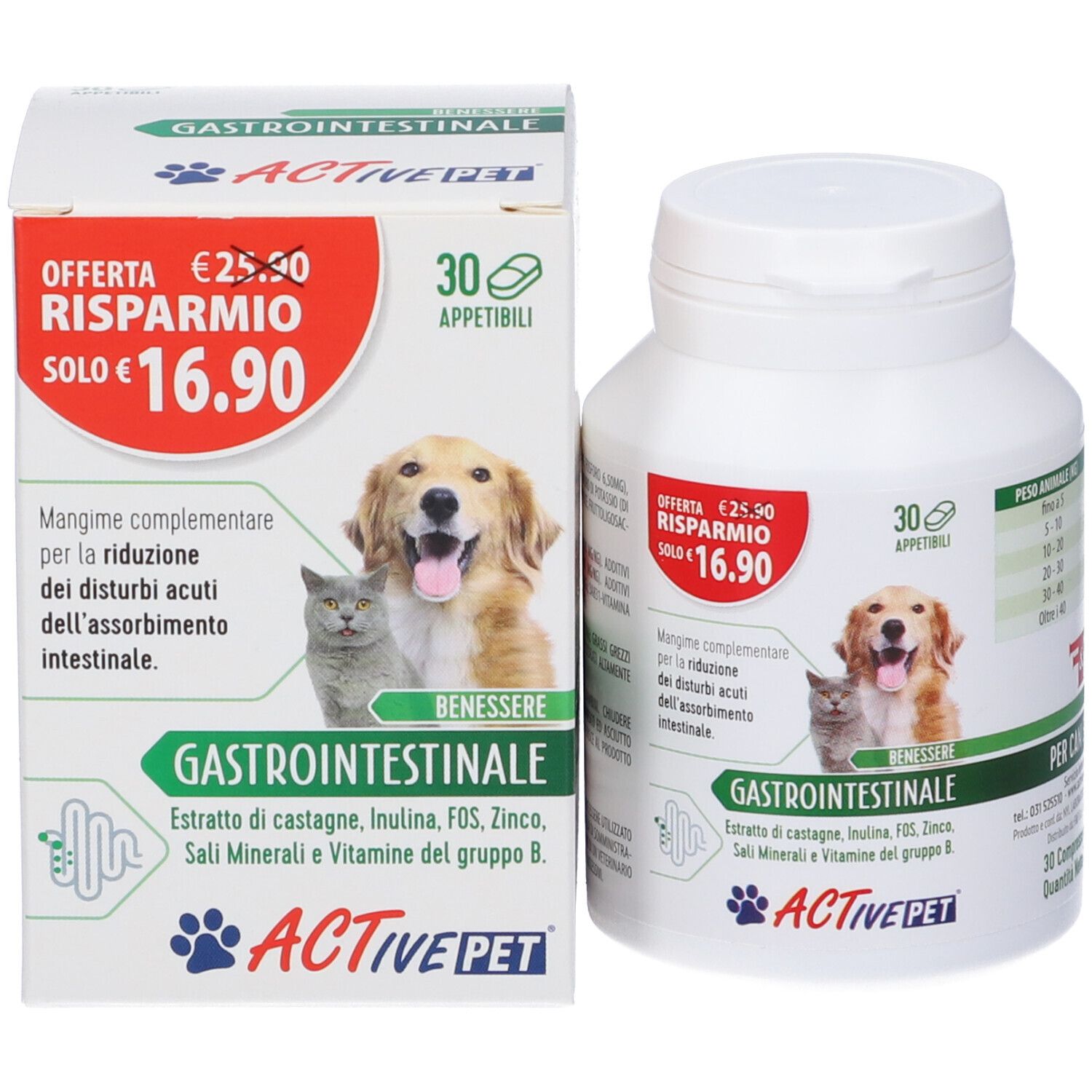Flacone e scatola di compresse bianche. Scritta: Gastrointestinale, Active Pet, cane e gatto. 30 compresse.