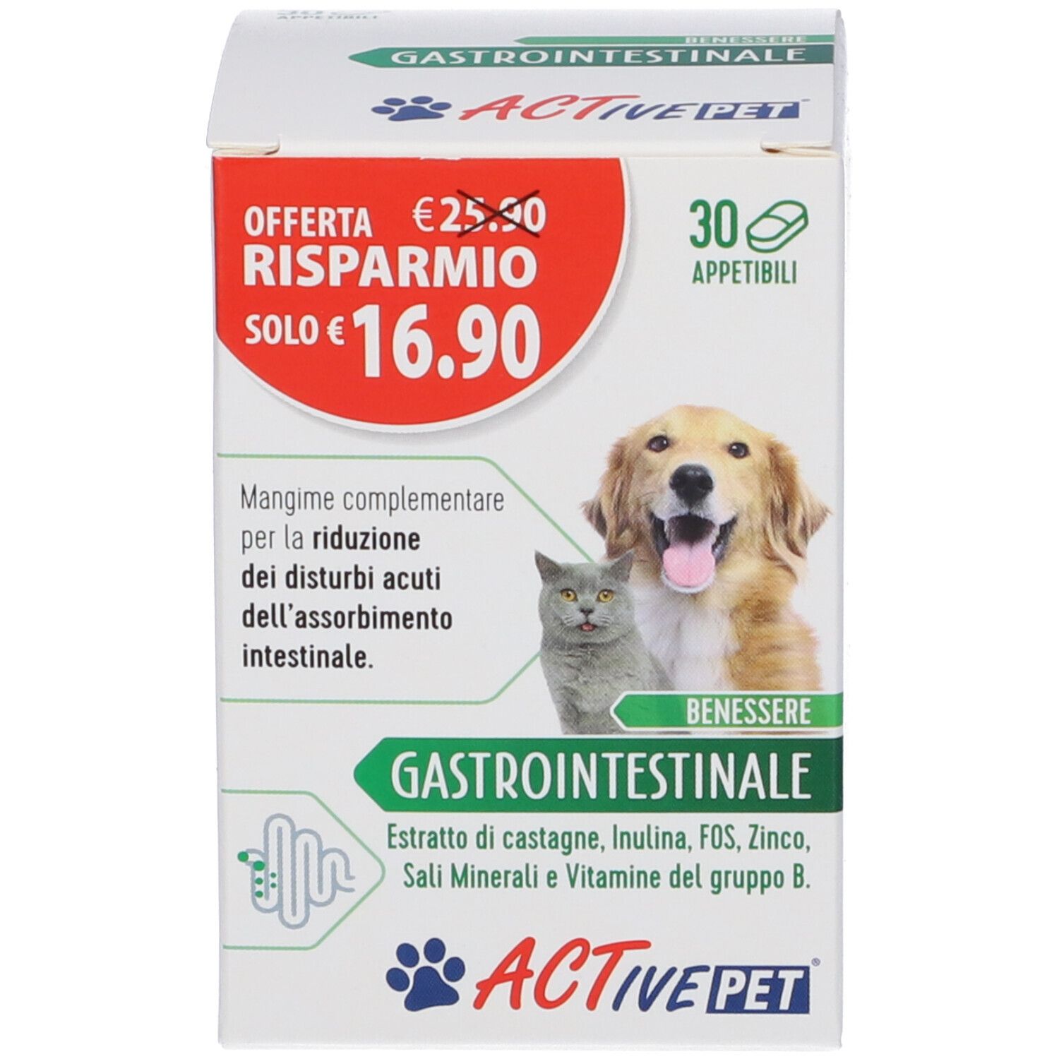Scatola bianca di compresse. Scritta: Gastrointestinale, Active Pet, cane e gatto. 30 compresse.