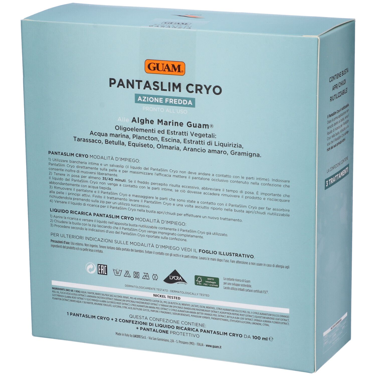 GUAM PANTASLIM CRYO Box mit Kaltwirkung. Enthält Algen, Plankton und Pflanzenextrakte.