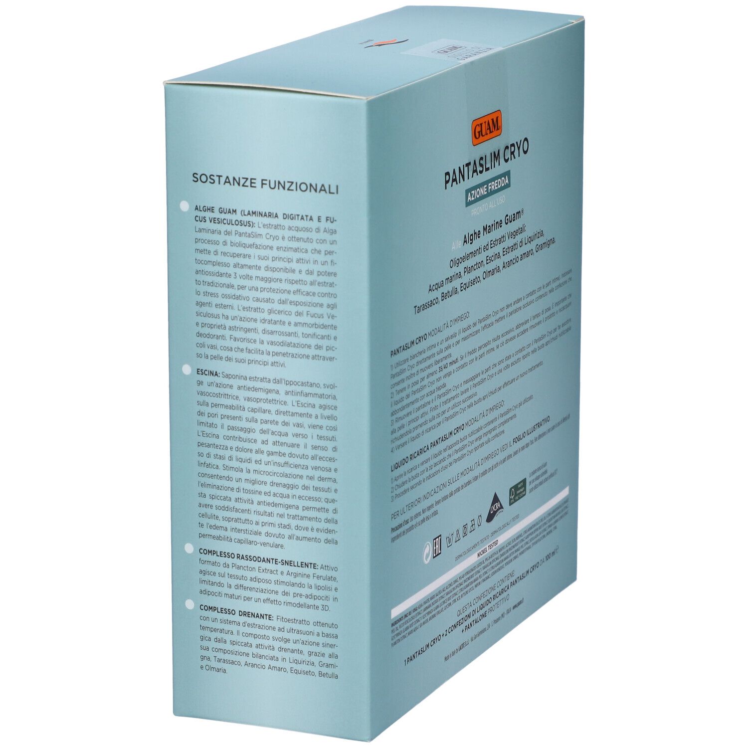 Hellblaue Verpackung mit Aufschrift "GUAM PANTASLIM CRYO".