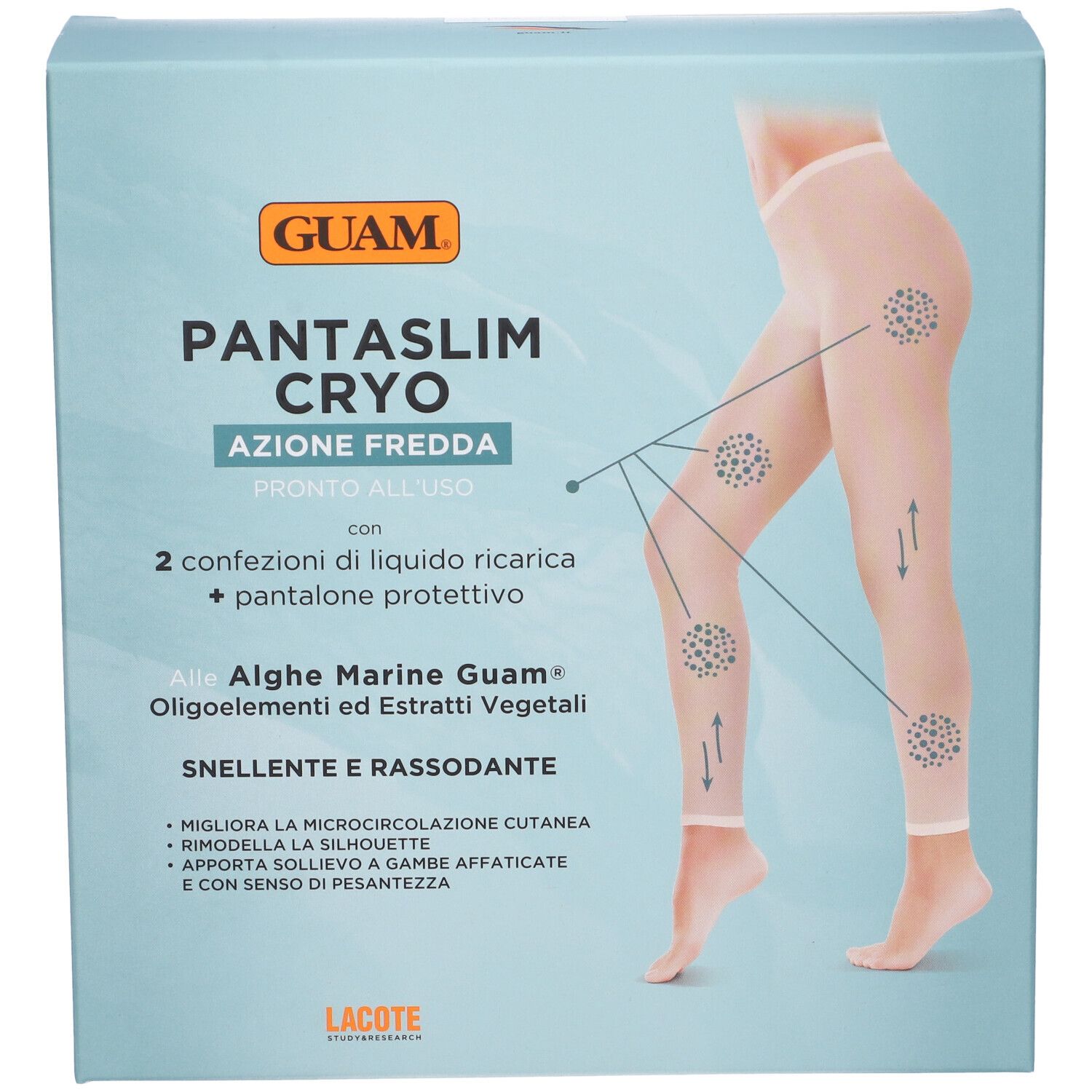 Verpackung für GUAM Pantaslim Cryo mit Kälte-Effekt. Enthält Nachfüllflüssigkeit und eine Schutzhose.