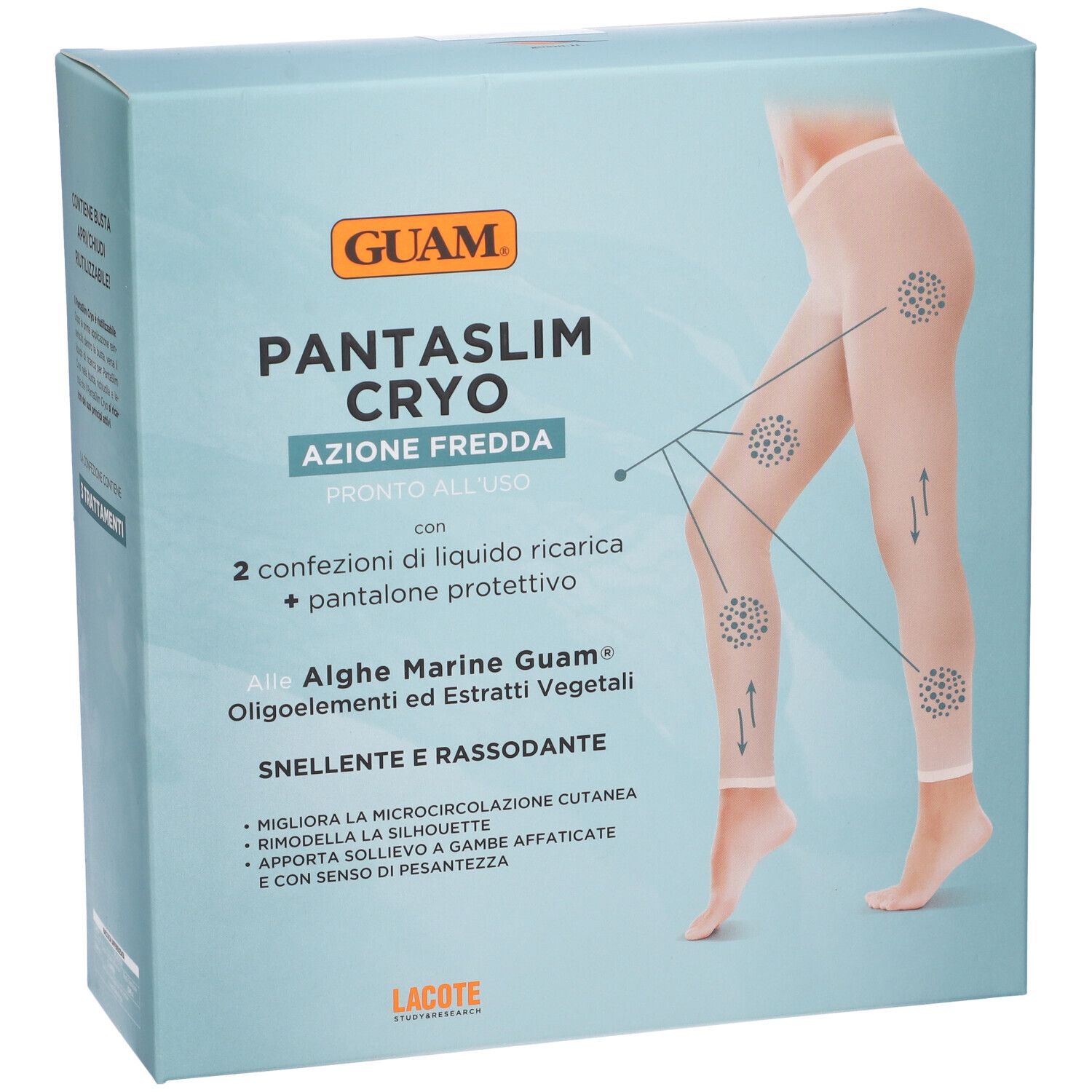Verpackung für GUAM PANTASLIM CRYO, Kältebehandlung, mit 2 Nachfüllpackungen und Schutzhose.