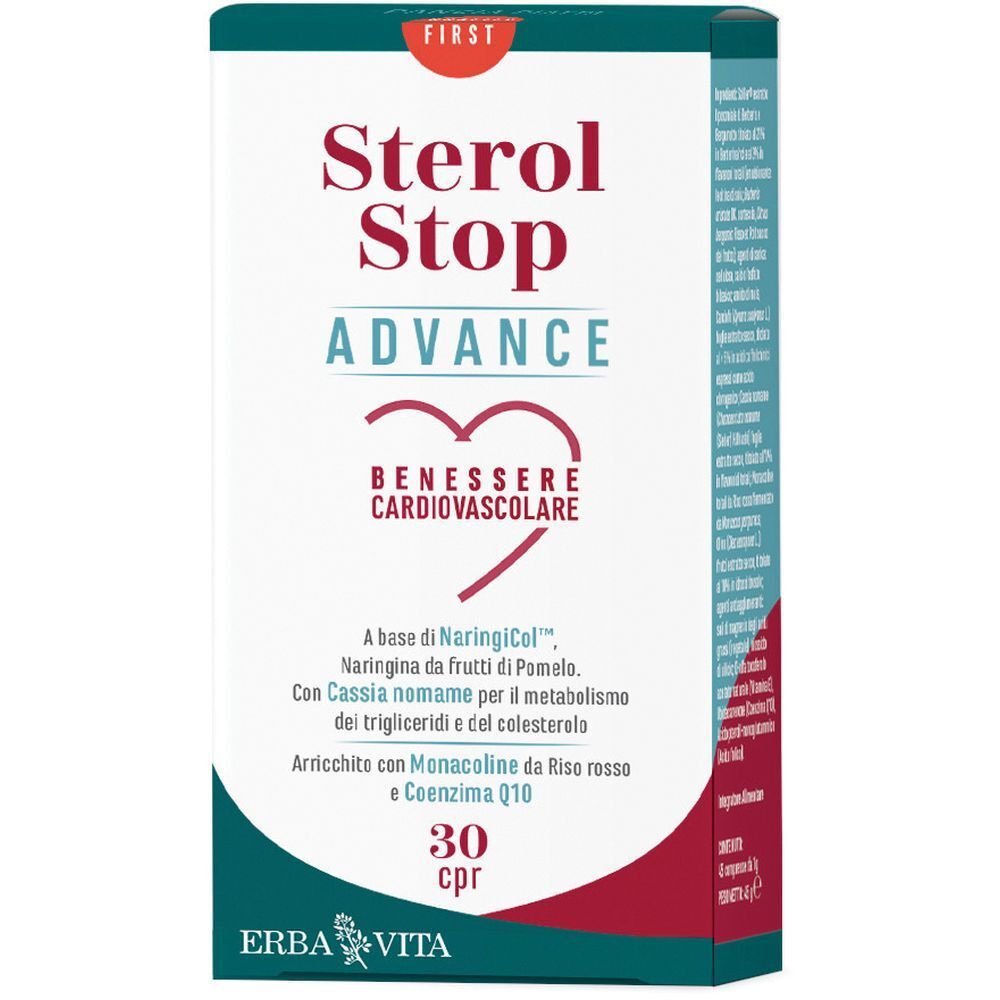 Scatola "Sterol Stop Advance". Testo: "Benessere cardiovascolare", 30 cpr. Marchio: Erba Vita.