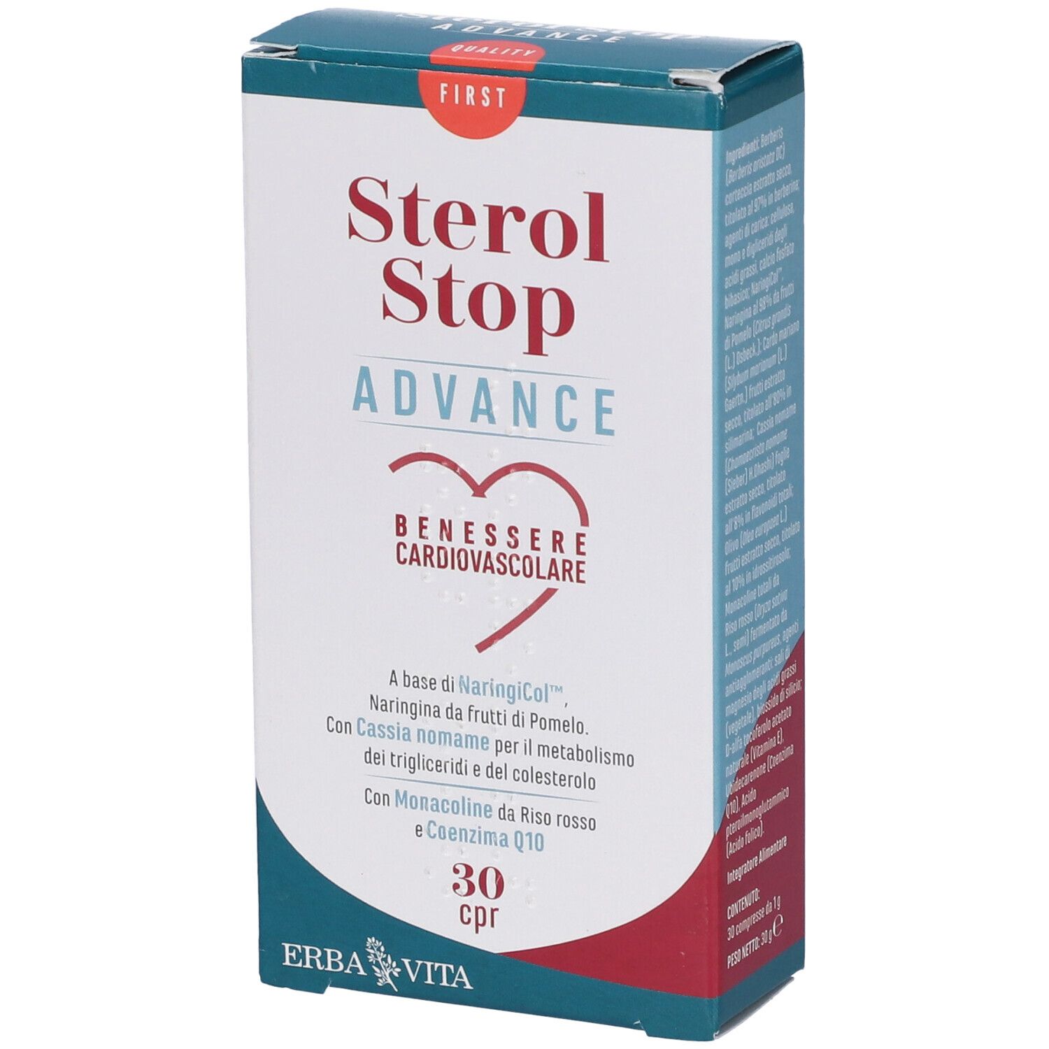 Scatola "Sterol Stop Advance". Testo: "Benessere cardiovascolare", 30 cpr. Marchio: Erba Vita.