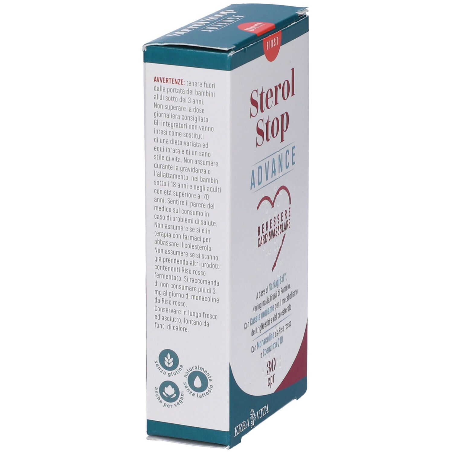 Scatola "Sterol Stop Advance". Testo: "Benessere cardiovascolare", 30 cpr. Marchio: Erba Vita. Vista laterale.
