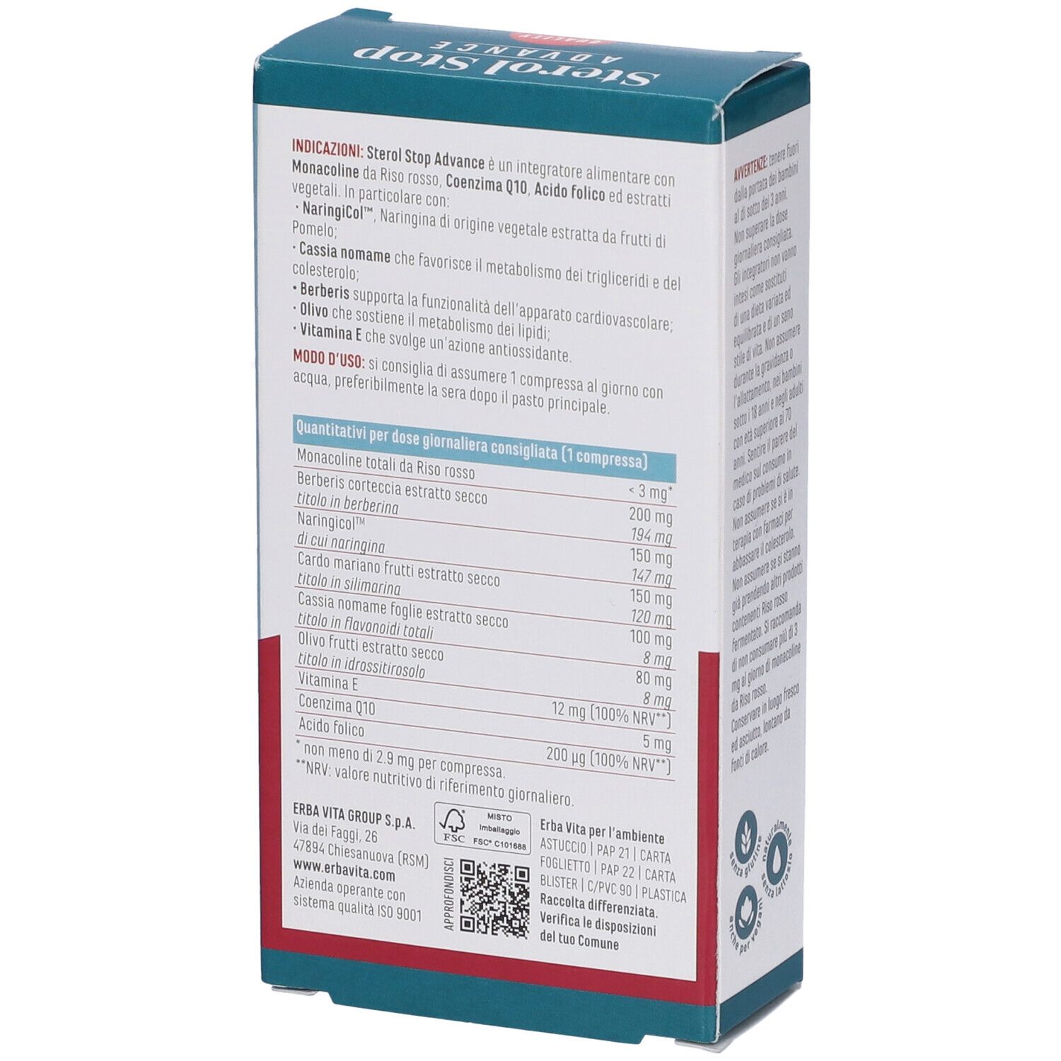 Scatola "Sterol Stop Advance". Testo: Ingredienti e dosaggio. Marchio: Erba Vita.
