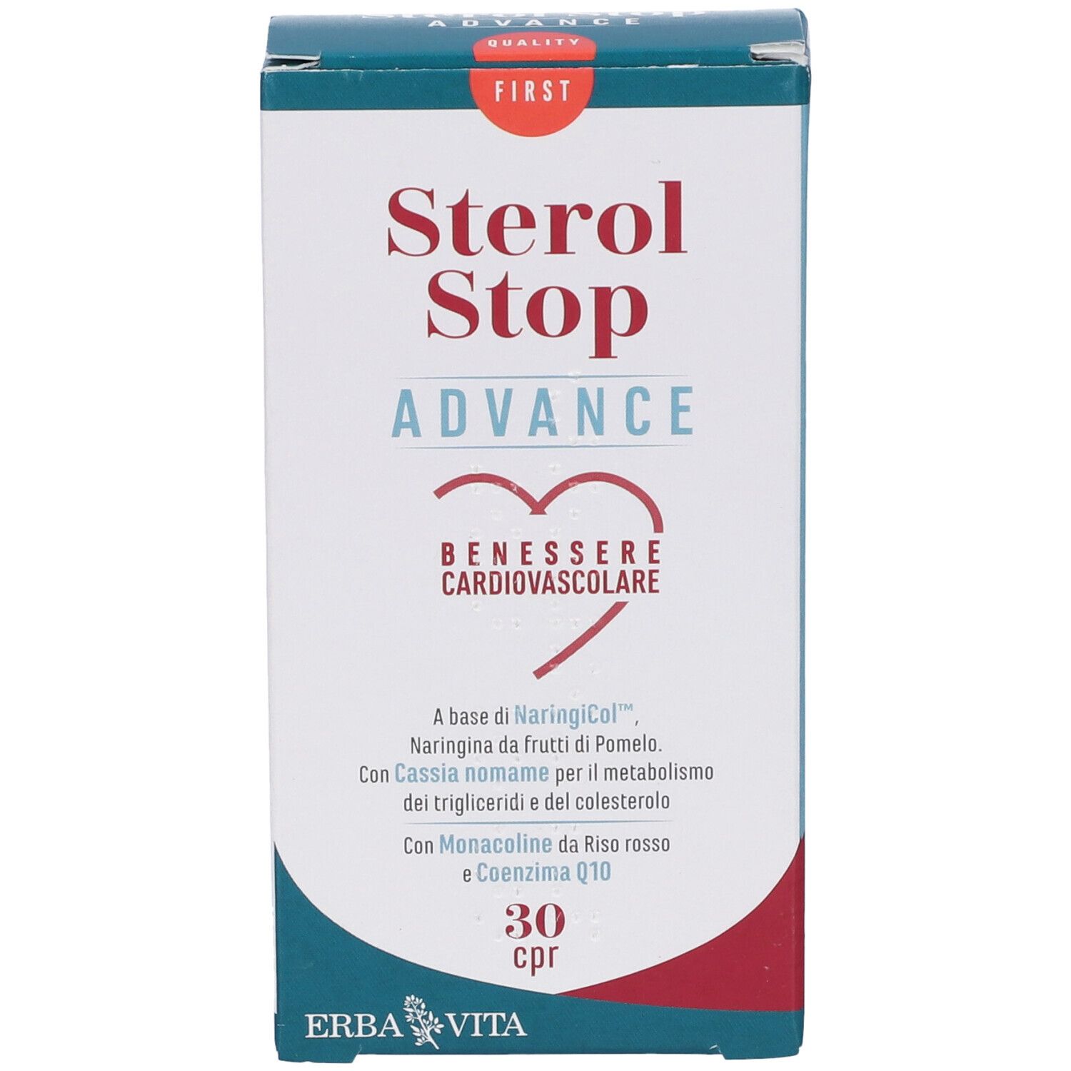 Scatola "Sterol Stop Advance". Testo: "Benessere cardiovascolare", 30 cpr. Marchio: Erba Vita.