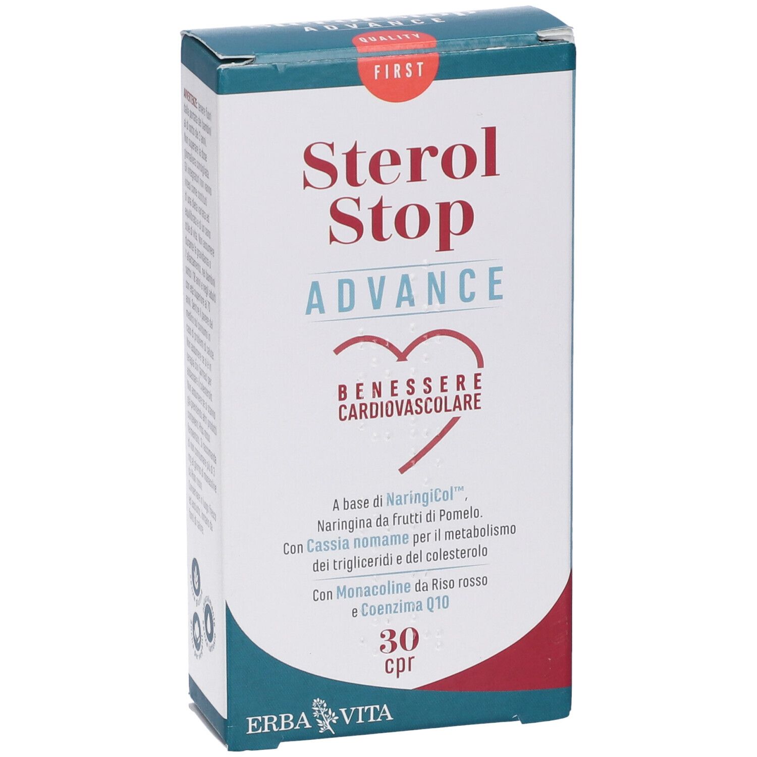 Scatola "Sterol Stop Advance". Testo: "Benessere cardiovascolare", 30 cpr. Marchio: Erba Vita.