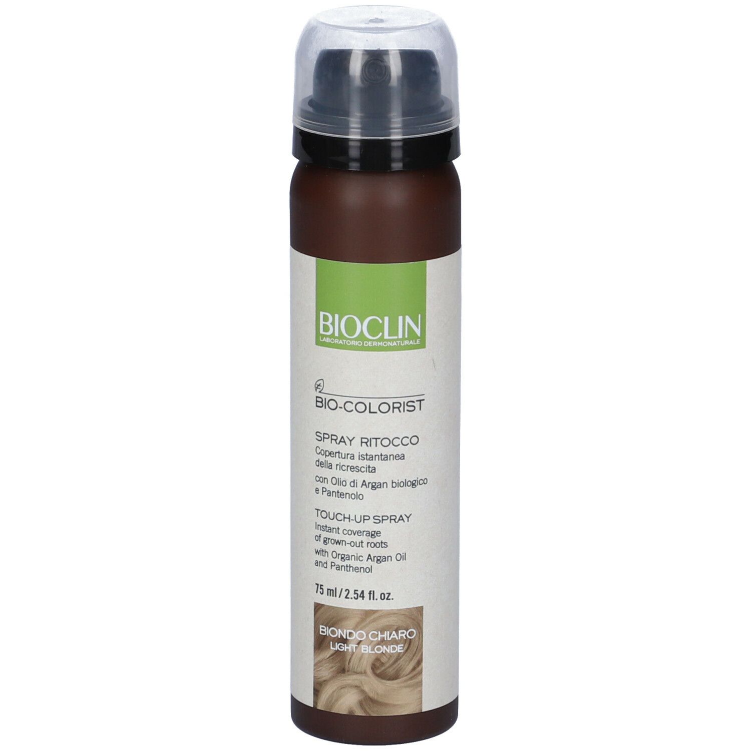 Flacone spray per capelli. Scritta: BIO-COLORIST Spray Ritocco, Biondo Chiaro. Con tappo.