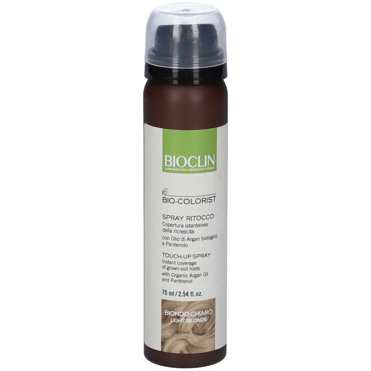 Flacone spray per capelli. Scritta: BIO-COLORIST Spray Ritocco, Biondo Chiaro. Con tappo.