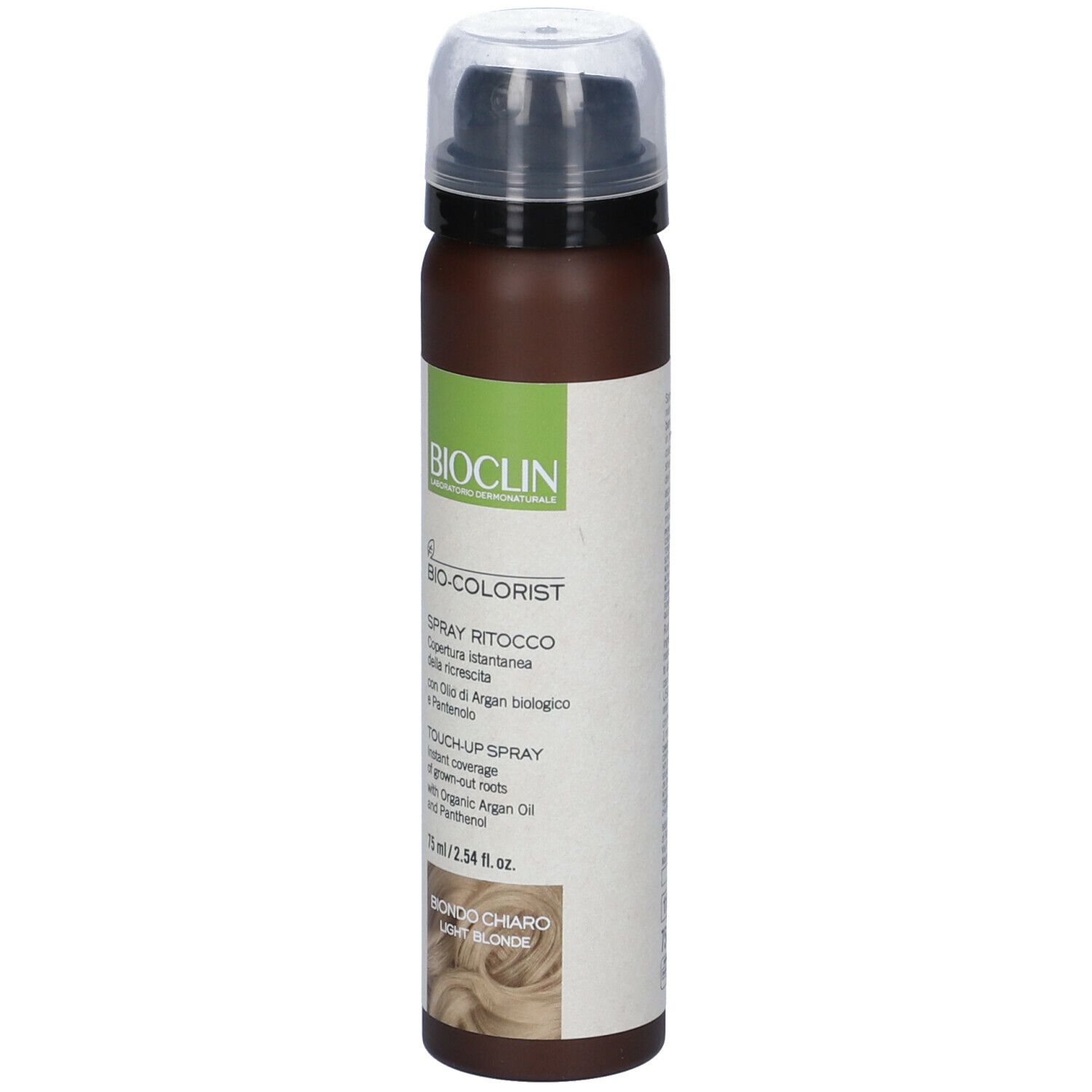 Flacone spray per capelli. Scritta: BIO-COLORIST Spray Ritocco, Biondo Chiaro. Con tappo.