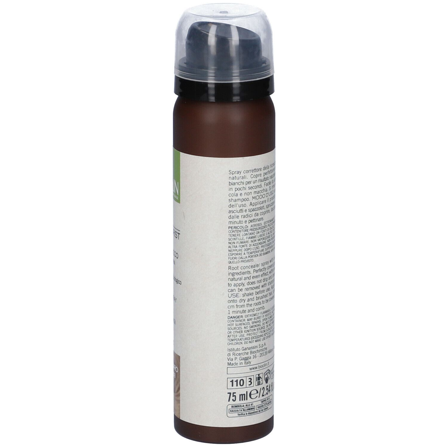 Flacone spray per capelli. Retro con informazioni sul prodotto e avvertenze.