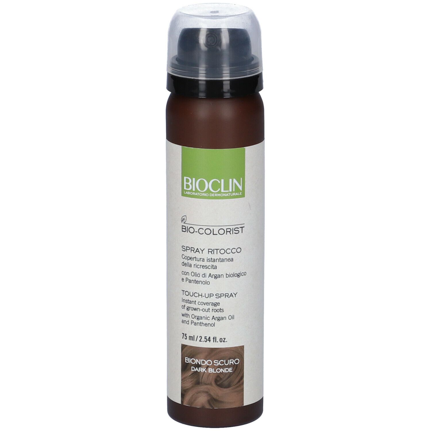 Flacone spray per capelli marrone e bianco. Scritto: BIO-COLORIST, Biondo Scuro. Con olio di Argan e Pantenolo.
