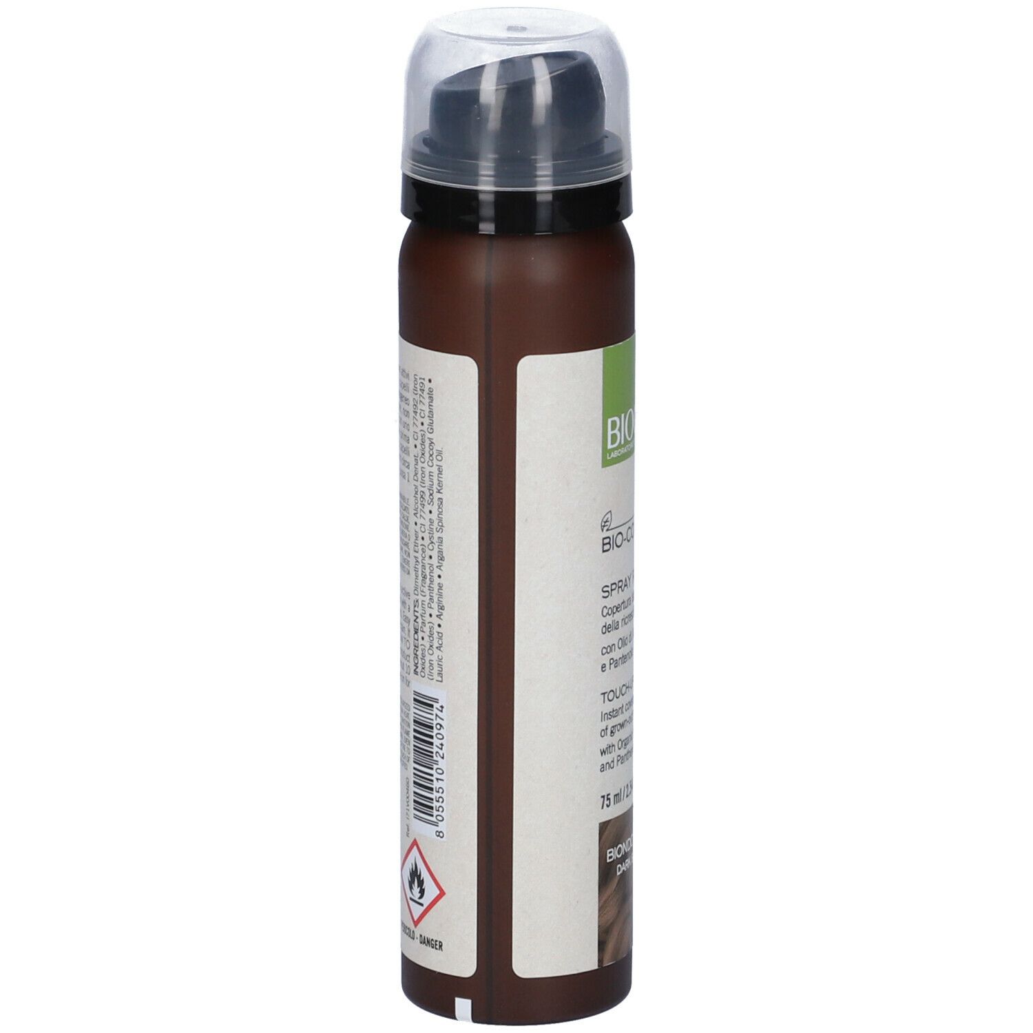Flacone spray per capelli marrone e bianco. Scritto: BIO-COLORIST. Retro con testo e simboli di avvertimento.