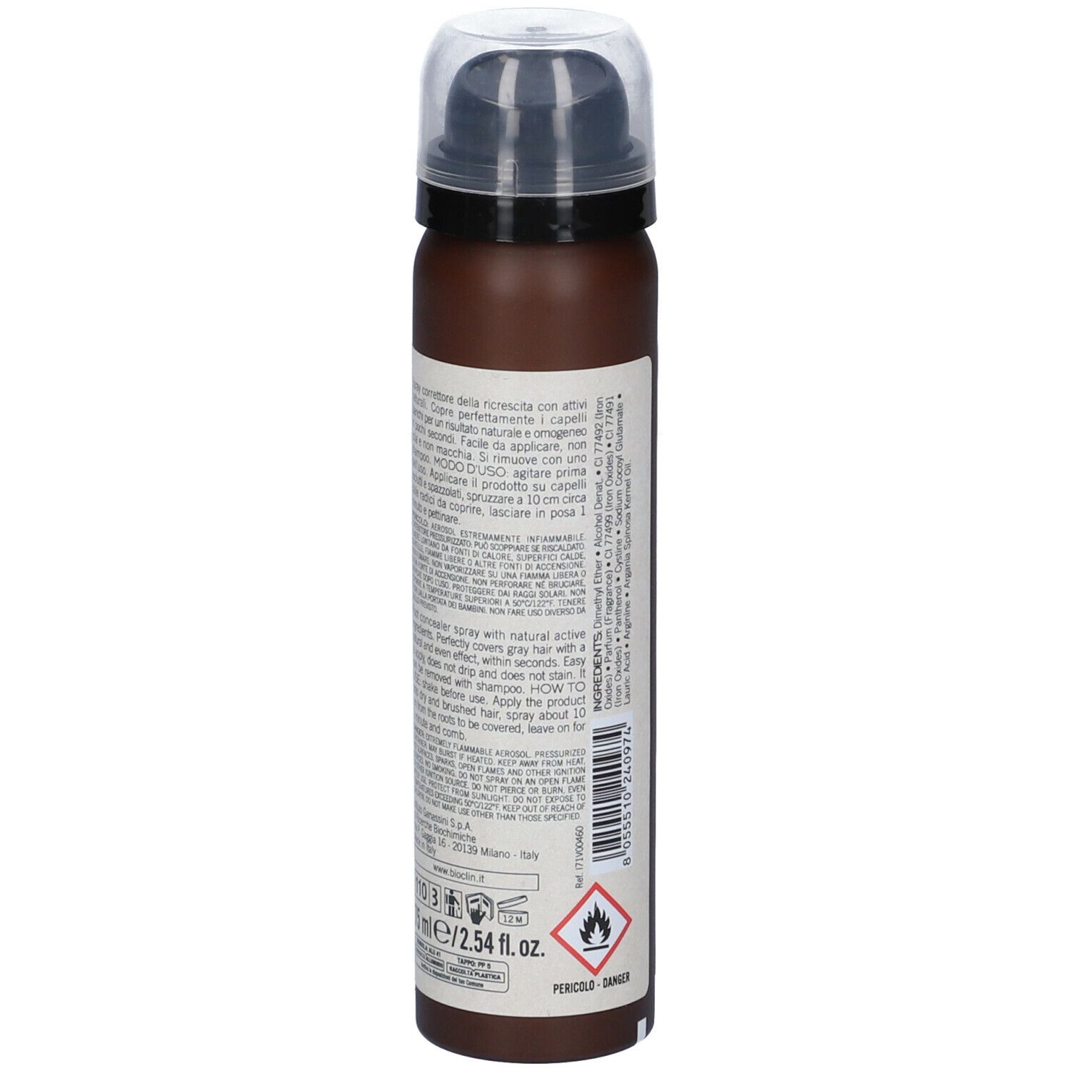 Flacone spray per capelli marrone e bianco. Retro con testo e simboli di avvertimento. Contiene 75 ml.