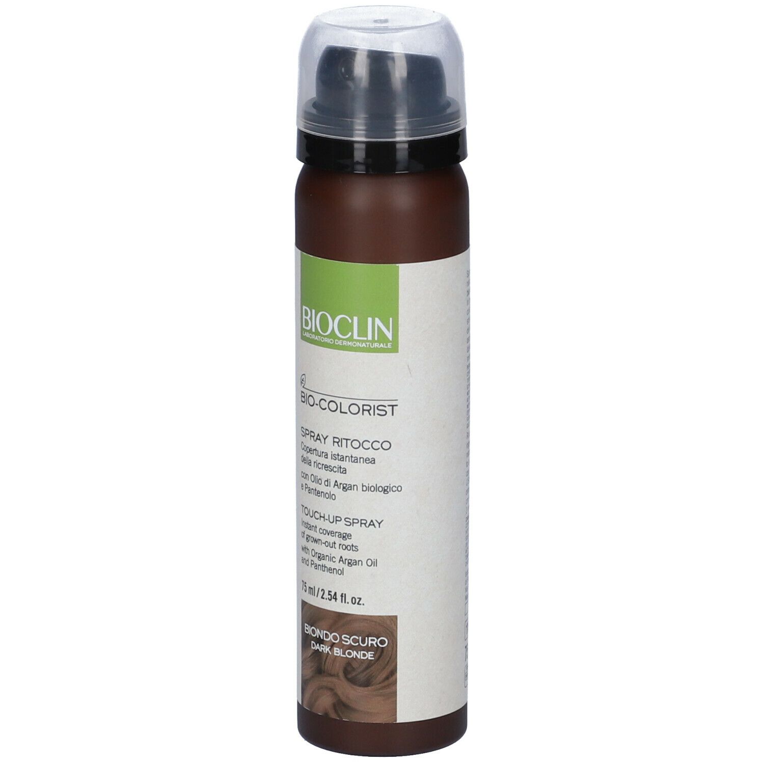 Flacone spray per capelli marrone e bianco. Scritto: BIO-COLORIST, Biondo Scuro. Con olio di Argan e Pantenolo.