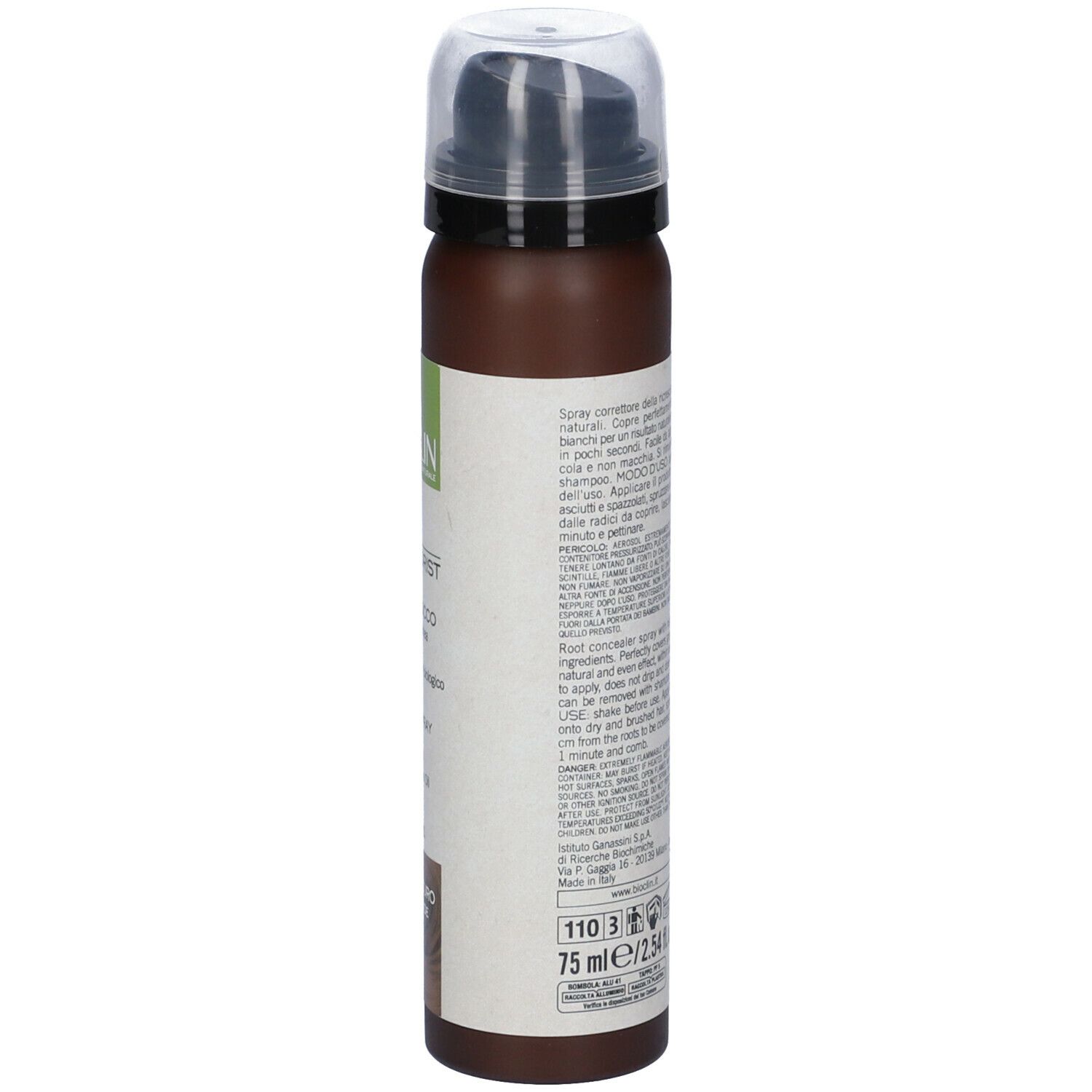 Flacone spray per capelli marrone e bianco. Retro con testo e simboli di avvertimento. Contiene 75 ml.
