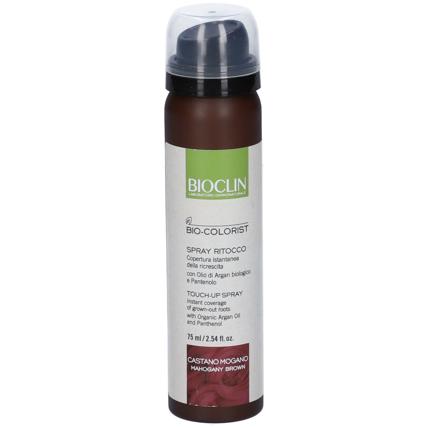 Bioclin Bio-colorist Spray Ritocco. Flacone spray marrone con tappo nero. Etichetta con testo e logo.